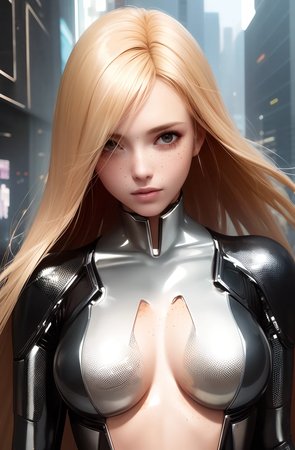 best quality, masterpiece, upper body,
woman, freckled face,
windblown blonde hair,
sparkling eyes,
latex suit,
Cyberpunk,
restrain
