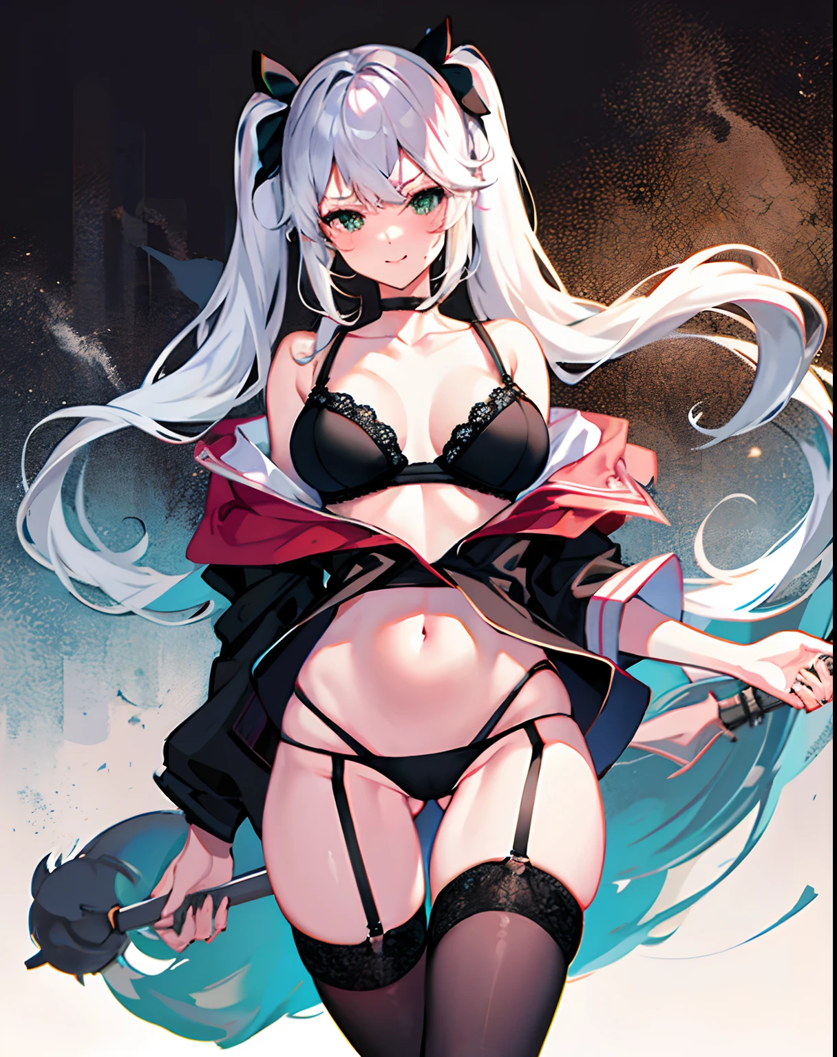 1girl, bangs, bare shoulders, black bra, black panties, black thighhighs, blush, bra, breasts, closed mouth, collarbone, embarrassed, eyebrows, facing viewer, feet out of frame, female focus, garter belt, garter straps, gluteal fold, green eyes, groin, lingerie, long hair, looking away, medium breasts, midriff, navel, no pupils, panties, simple background, smile, solo, standing, sweatdrop, thigh gap, thighhighs, thighs, twintails, underwear, white hair