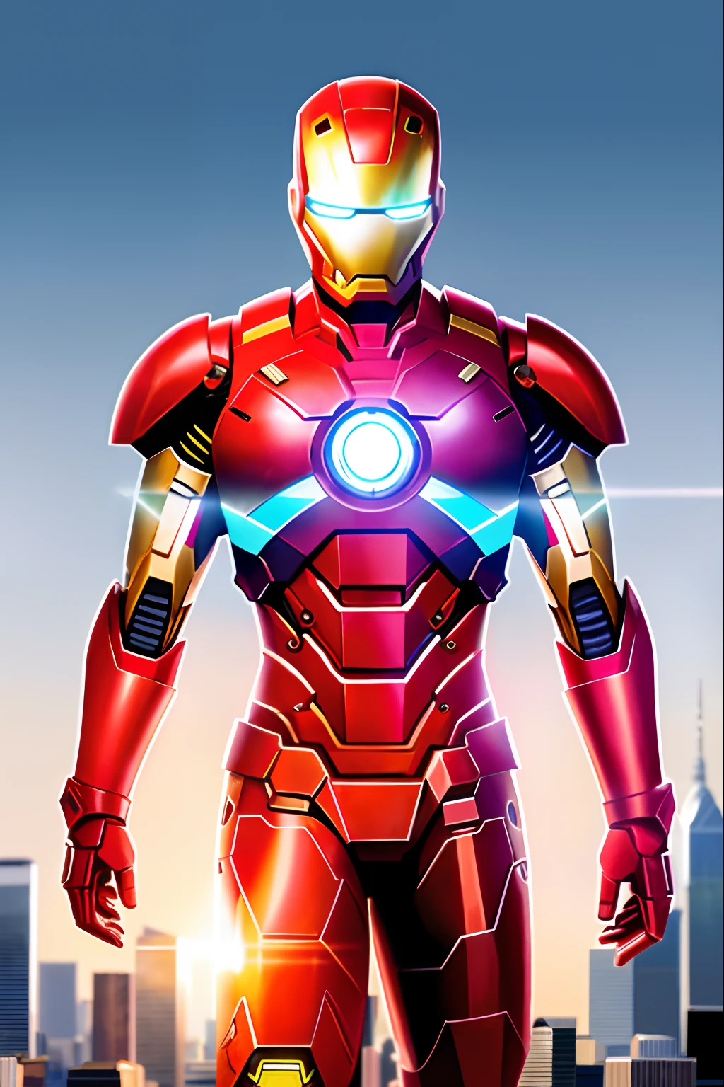 On the bustling streets of New York City, the Empire State Building stands proudly, and its top has a distinctive sight. At the highest point of the building, Elon Musk wears the clothes of Iron Man, showing a breathtaking height and strength.

Iron Man's suit, officially known as "Iron Man Armor", is made of high-tech materials and is full of futuristic feel. Its appearance is red and golden, shining brightly. In the sunlight, the metal surface shines brightly, as if it is a hero who has stepped out of the comic book world.

Elon Musk wears an Iron Man helmet. The face shield is uniquely designed with straight lines and sharp angles, highlighting his resolute temperament. There is an advanced communication system and artificial intelligence assistant Jarvis inside the helmet, which can provide real-time navigation and battlefield analysis. The eye area of the helmet exudes a blue shimmer, which is mysterious and profound, just like its owner's pursuit of technological progress.

The Iron Man breastplate worn by Elon Musk has a core reactor in the center, which is the power source of the armor. The glowing circular device emits soft blue light like an eternal heart, providing continuous energy for this high-tech suit.

Iron Man's arm armor and glove parts are equally functional. The arm armor is filled with sophisticated joints and servo motors, which allow the wearer to exert great strength while maintaining agility. There are tiny rocket launchers built into the glove, which give the wearer extra boost at critical moments.