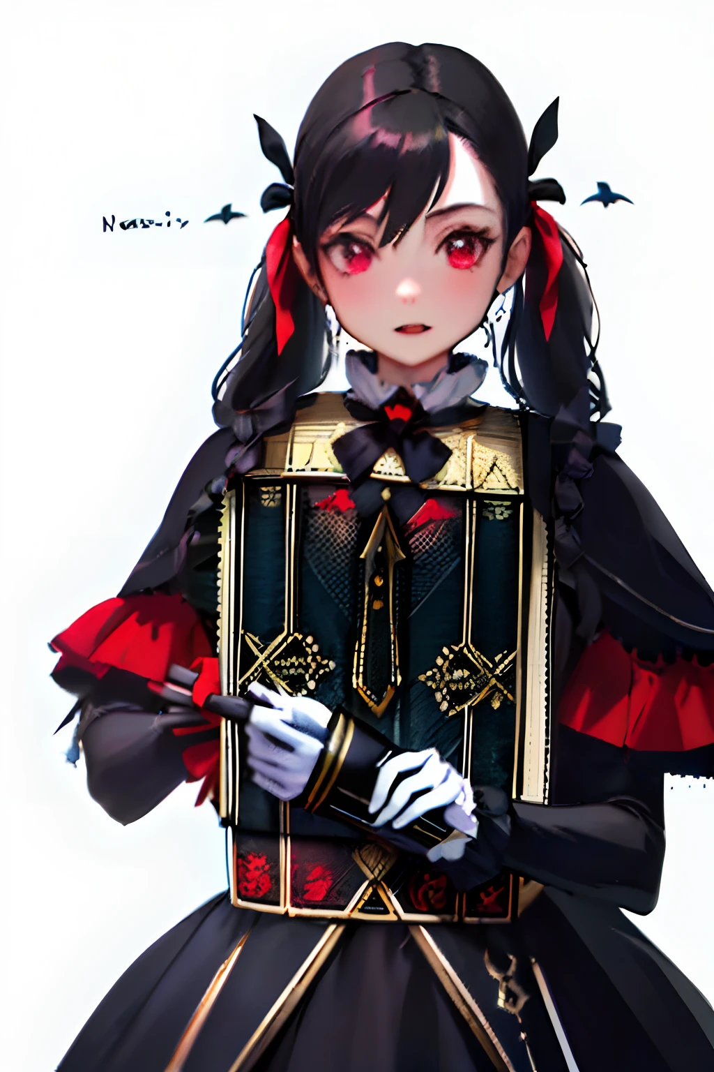 ((masterpiece,best quality)),girl, black dress, black legwear, black ribbon, black hair, vampire, vampire castle, night, twintails, hair ribbon