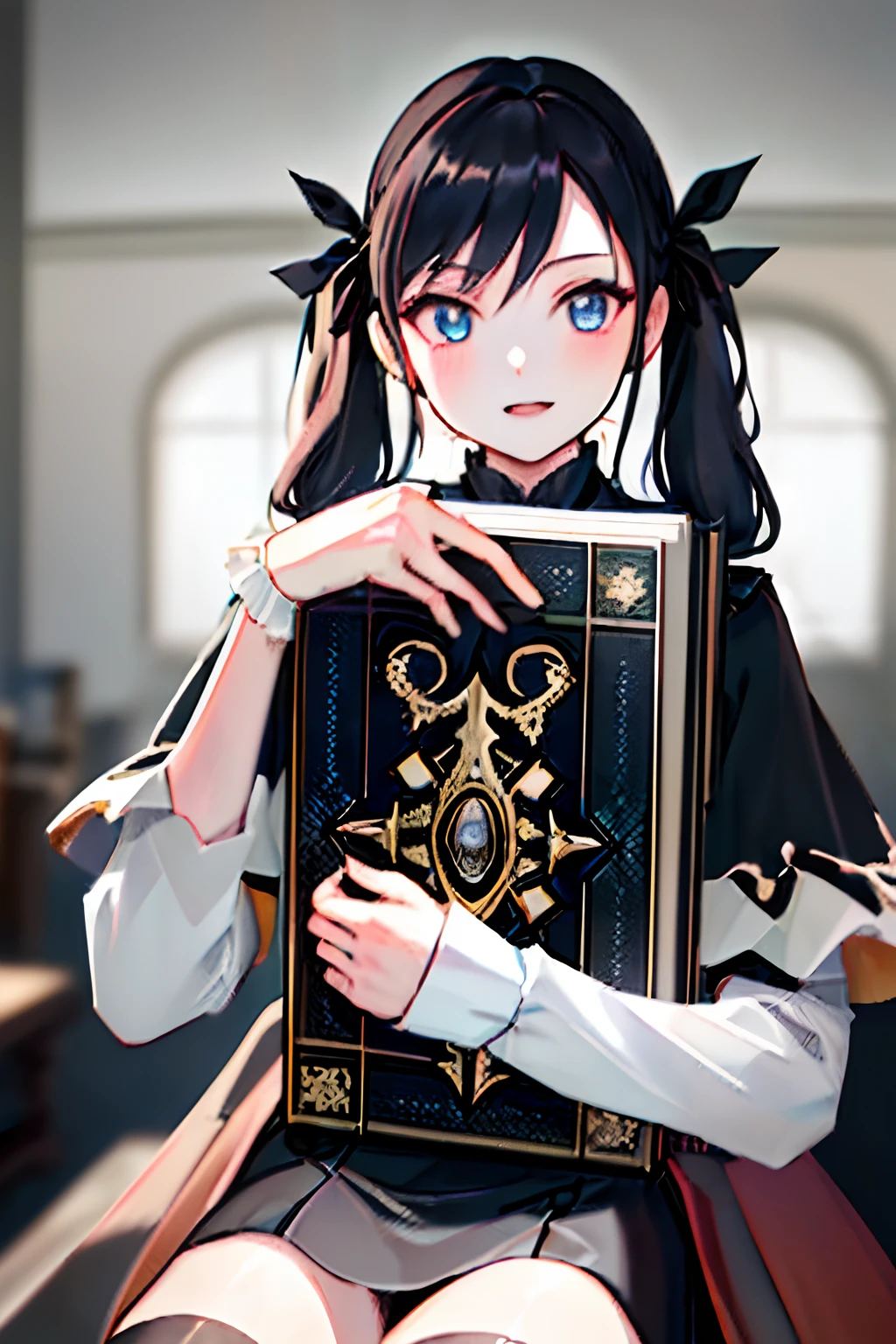 ((masterpiece,best quality)), girl, black dress, black legwear, black ribbon, black hair, vampire, anime, night, inside castle, twintails, hair ribbon, long hair, holding book, looking at viewer, looking back, indoors, blue eyes, ribbon, stairs, sitting, statue