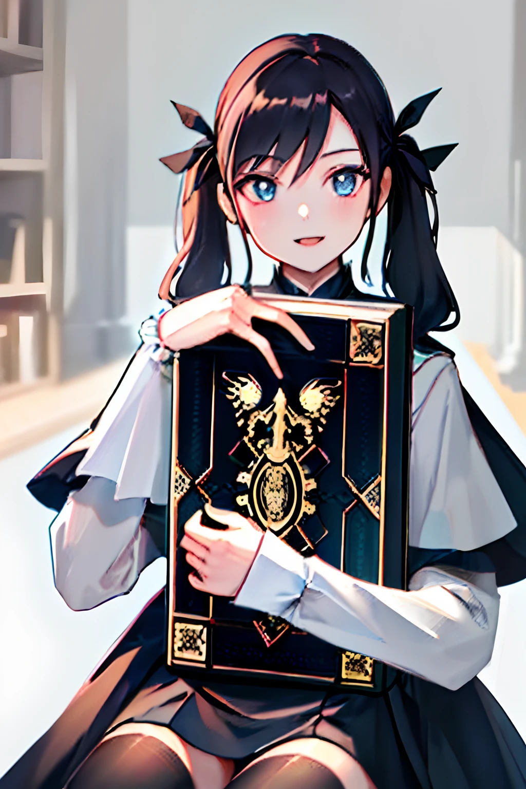 ((masterpiece,best quality)), girl, black dress, black legwear, black ribbon, black hair, vampire, anime, night, inside castle, twintails, hair ribbon, long hair, holding book, looking at viewer, looking back, indoors, blue eyes, ribbon, stairs, sitting, statue