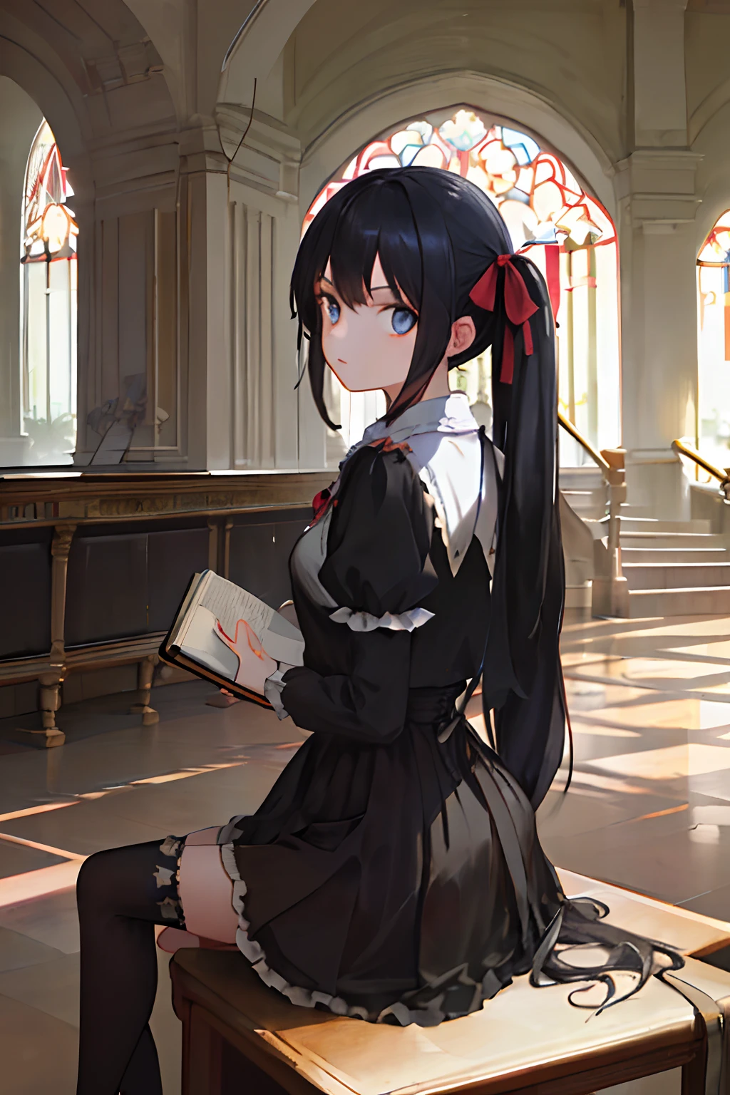 ((masterpiece,best quality)),  high quality face, high quality eyes, 4k, clear face, high-resolution eyes, girl, black and red dress, royal dress, black legwear, black hair, vampire, anime, night, inside castle, twintails, hair ribbon, long hair, holding grimore, holding big magic book, looking at viewer, looking back, indoors, blue eyes, ribbon, stairs, sitting, statue