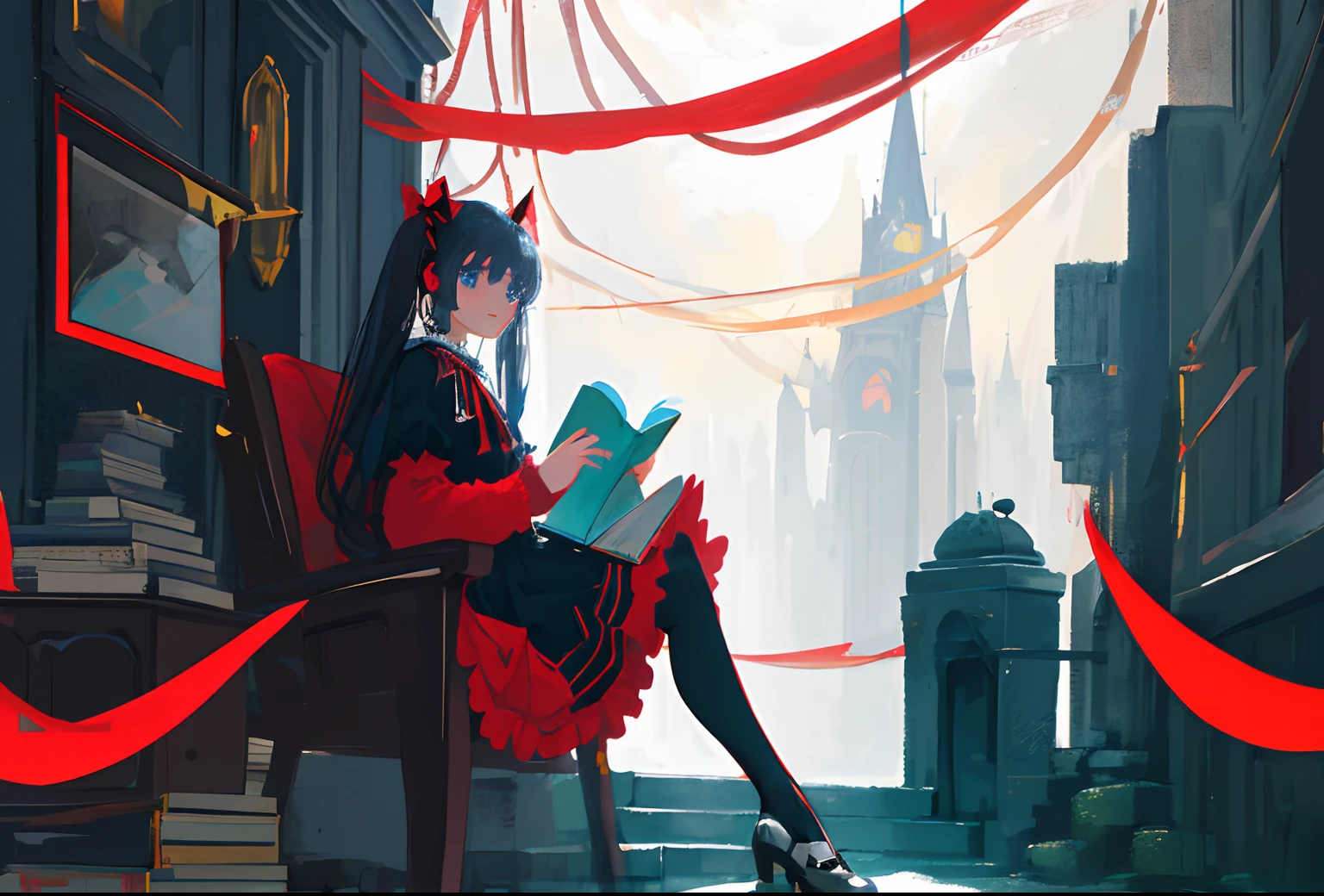 ((masterpiece,best quality)), high quality face, high quality eyes, 4k, clear face, high-resolution eyes, girl, black and red dress, royal dress, black legwear, black hair, vampire, anime, night, inside castle, twintails, hair ribbon, long hair, holding grimore, holding big magic book, looking at viewer, looking back, indoors, blue eyes, ribbon, stairs, sitting, statue