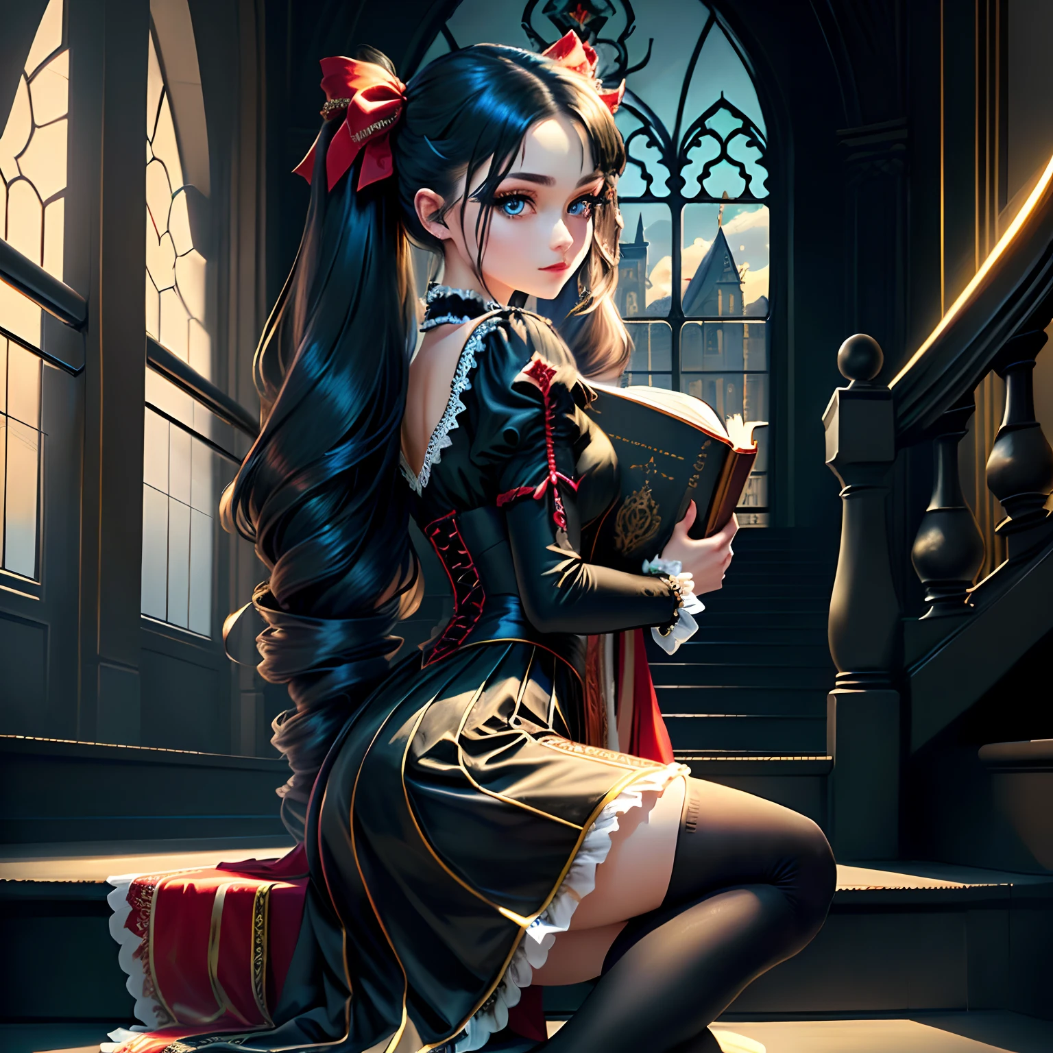 ((masterpiece,best quality)), high quality face, high quality eyes, 4k, clear face, high-resolution eyes, girl, black and red dress, royal dress, black legwear, black hair, vampire, anime, night, inside castle, twintails, hair ribbon, long hair, holding grimore, holding big magic book, looking at viewer, looking back, indoors, blue eyes, ribbon, stairs, sitting, statue