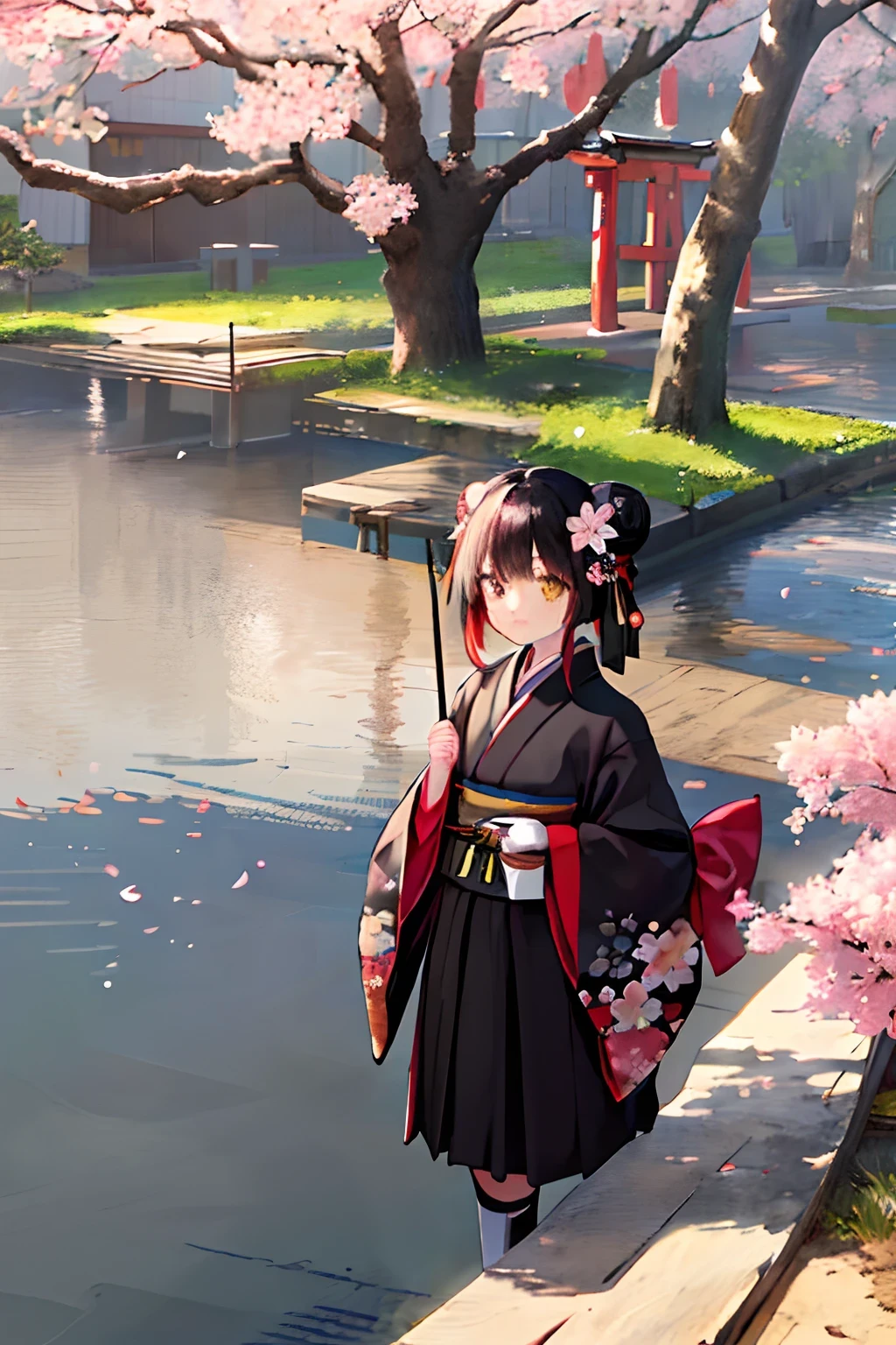 ((masterpiece,best quality)),2girls, black kimono, black legwear, black ribbon, black hair, cherry blossoms, day, flower, hair bun, hair ribbon, japanese clothes, kimono, long hair, looking at viewer, looking back, multiple girls, obi, outdoors, red eyes, red hair, ribbon, sandals, single hair bun, stairs, standing, statue, torii, tree, white kimono, yellow eyes