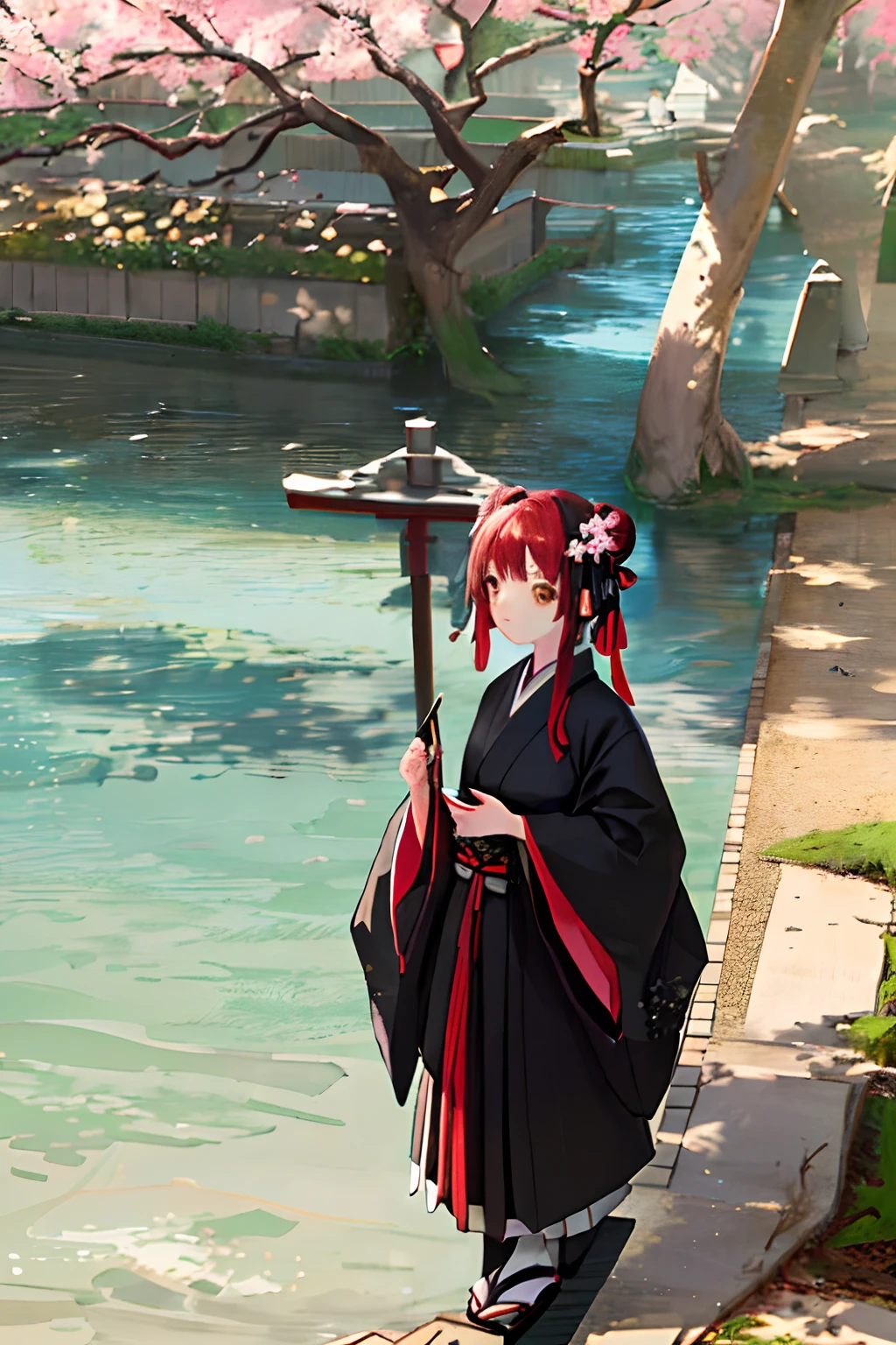 ((masterpiece,best quality)),2girls, black kimono, black legwear, black ribbon, black hair, cherry blossoms, day, flower, hair bun, hair ribbon, japanese clothes, kimono, long hair, looking at viewer, looking back, multiple girls, obi, outdoors, red eyes, red hair, ribbon, sandals, single hair bun, stairs, standing, statue, torii, tree, white kimono, yellow eyes