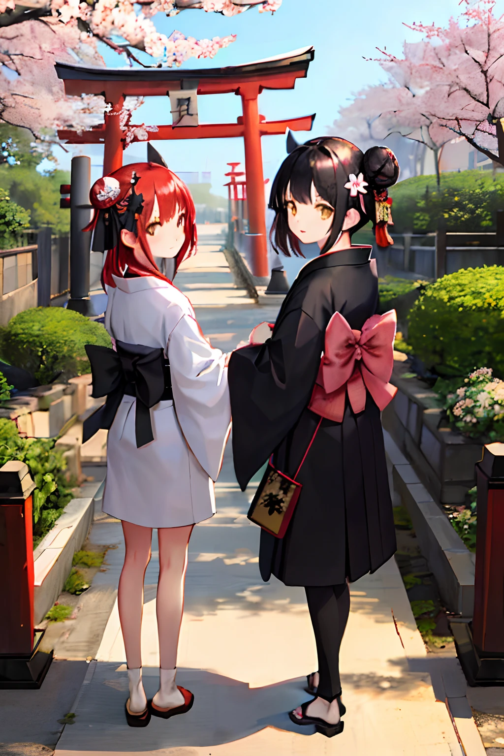 ((masterpiece,best quality)),2girls, black kimono, black legwear, black ribbon, black hair, cherry blossoms, day, flower, hair bun, hair ribbon, japanese clothes, kimono, long hair, looking at viewer, looking back, multiple girls, obi, outdoors, red eyes, red hair, ribbon, sandals, single hair bun, stairs, standing, statue, torii, tree, white kimono, yellow eyes