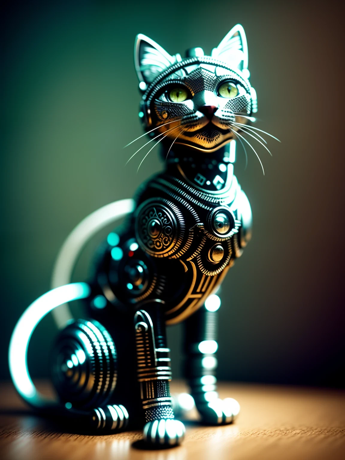 a cute kitten made out of metal, (cyborg:1.1), ([tail | detailed wire]:1.3), (intricate details), hdr, (intricate details, hyperdetailed:1.2), cinematic shot, vignette, centered