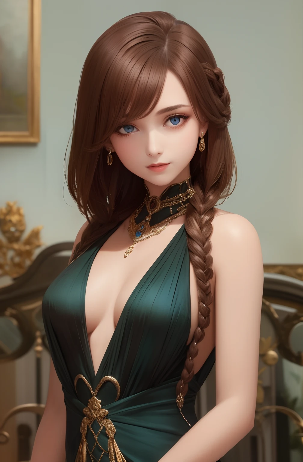 best quality, masterpiece, upper body,
woman,
braided bronze brown hair,
azure eyes,
1920s plunging neckline dress