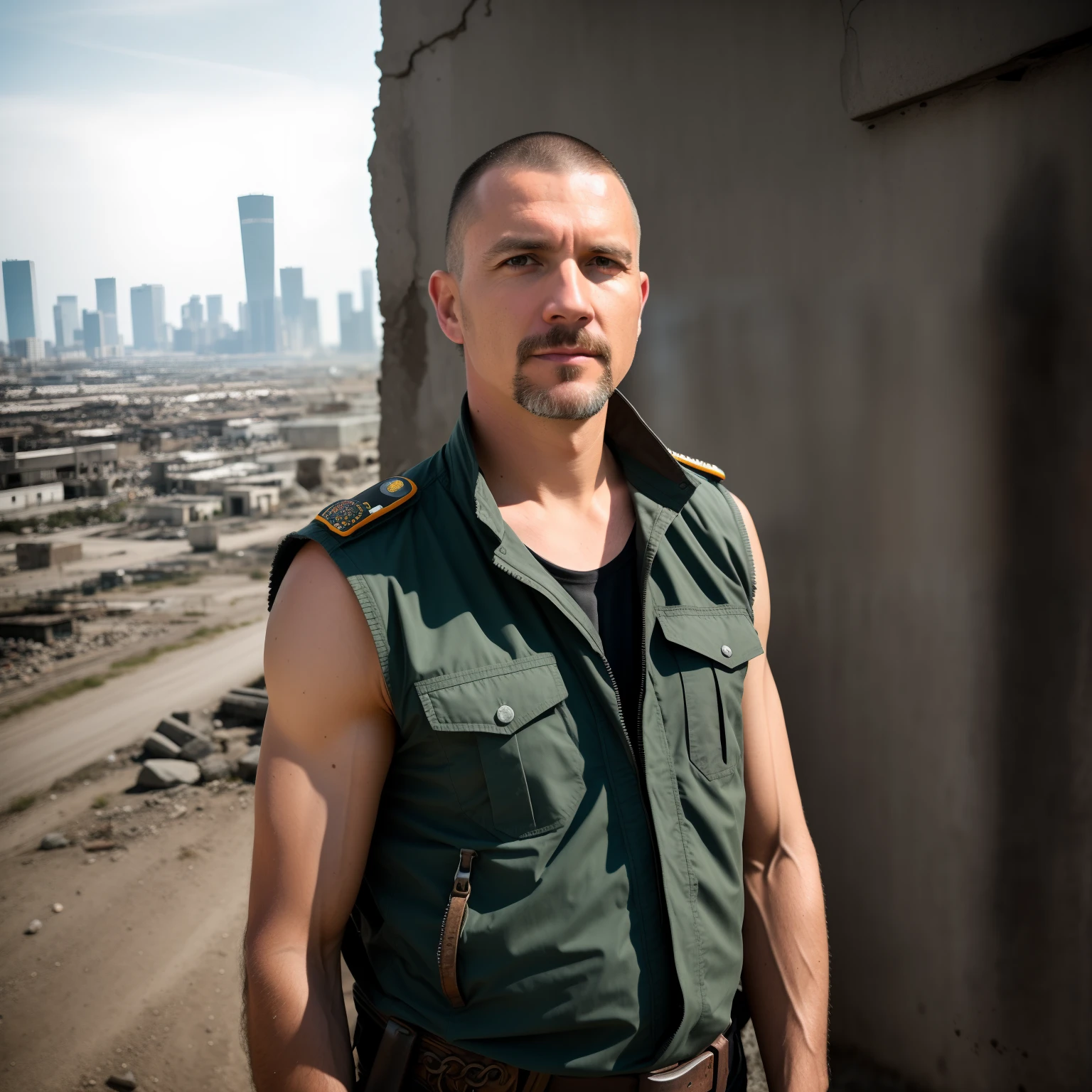 RAW photo, a close up portrait photo of brutal 45 y.o man in wastelander clothes, long haircut, pale skin, slim body, background is city ruins, (high detailed skin:1.2), 8k uhd, dslr, soft lighting, high quality, film grain, Fujifilm XT3