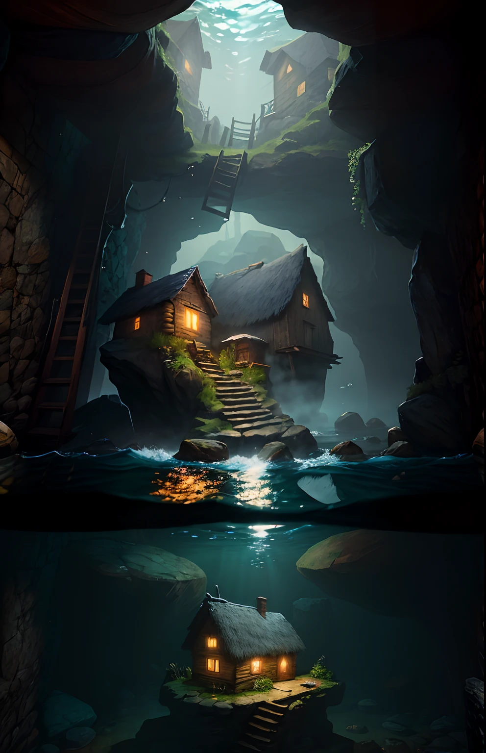 The scene features a small wooden cottage built on top of a rocky outcrop. The cottage has a small chimney on its roof and is divided into two parts: one half enclosed with sliding windows, the other half open with railings. A staircase connects the rocky outcrop to the cottage. The horizon line splits the picture in half, with the lower half showing clear water that reveals the underwater basement beneath the cottage. Several pillars support the structure from below the surface, giving it a surreal appearance.