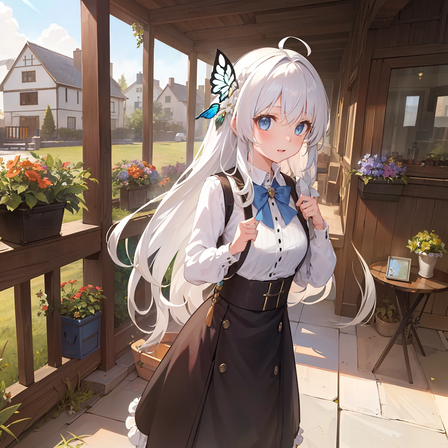 ((masterpiece,best quality,detailed)), 4k,8k,higres, 2girl , elaina, majo no tabitabi, white hair, ahoge, long hair, braid, blue eyes,  shirt, sweater, broom, town, buildings, houses, flowers, butterfly, sunshine, sunlight dapple