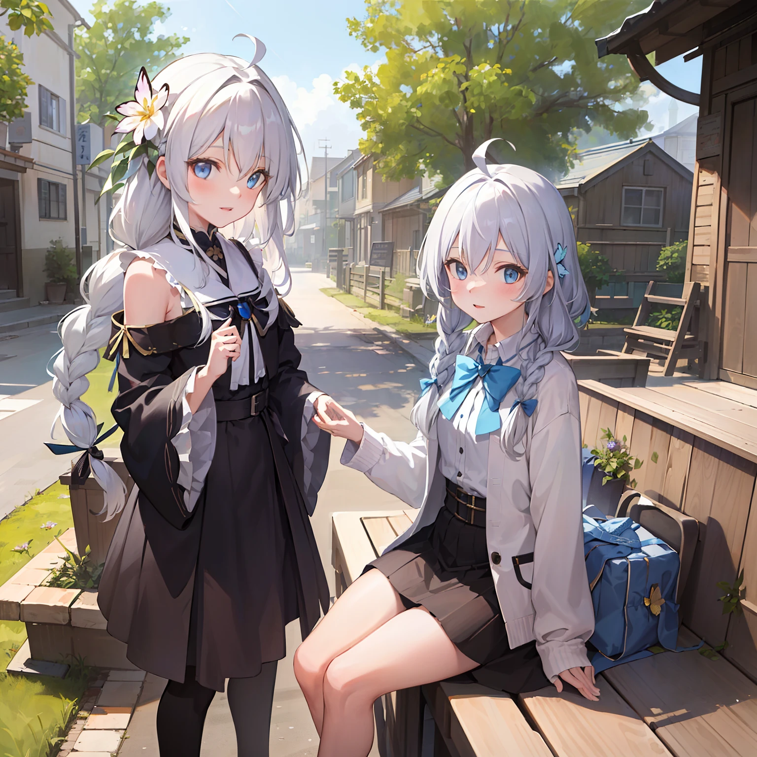 ((masterpiece,best quality,detailed)), 4k,8k,higres, 2girl , elaina, majo no tabitabi, white hair, ahoge, long hair, braid, blue eyes,  shirt, sweater, broom, town, buildings, houses, flowers, butterfly, sunshine, sunlight dapple