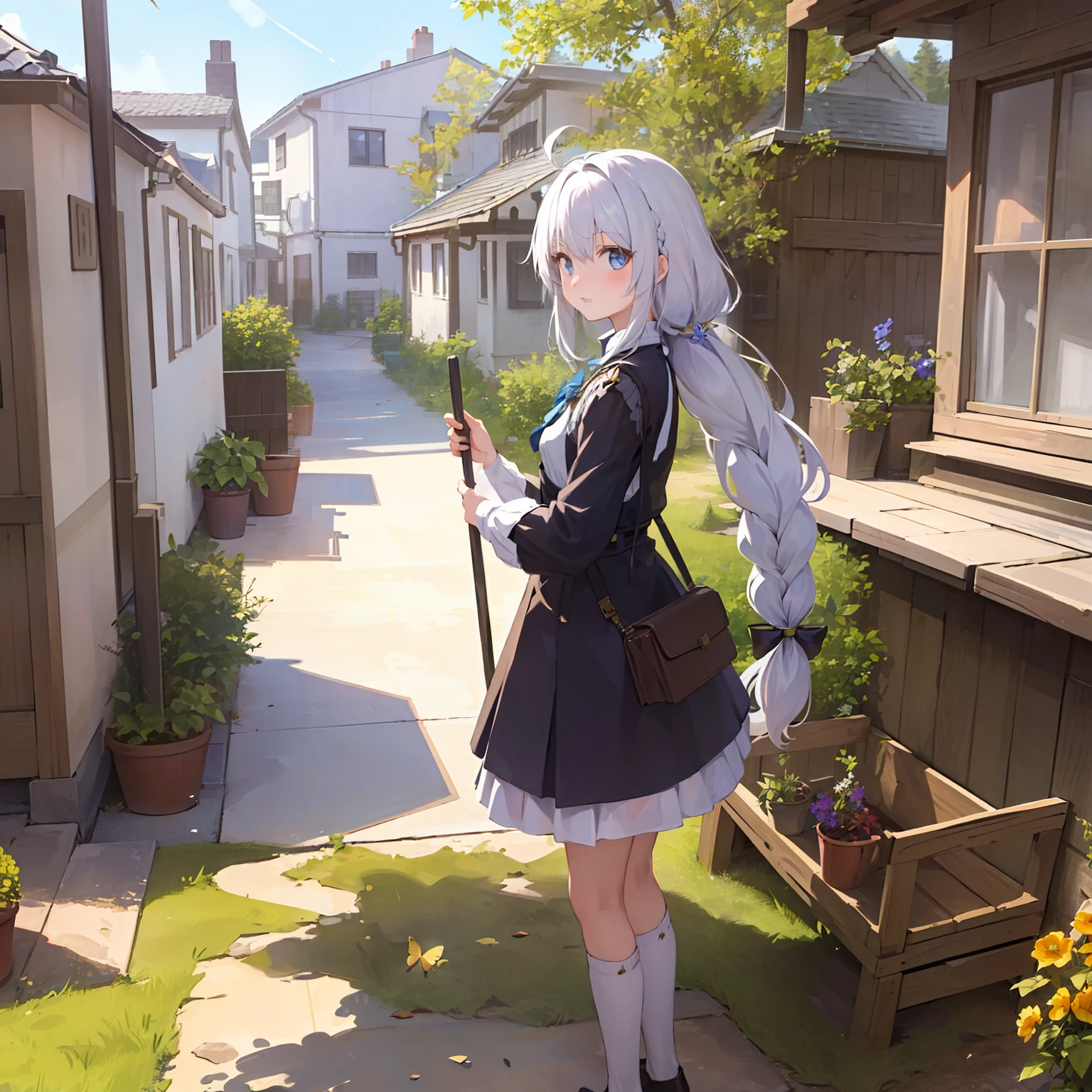 ((masterpiece,best quality,detailed)), 4k,8k,higres, 2girl , elaina, majo no tabitabi, white hair, ahoge, long hair, braid, blue eyes, shirt, sweater, broom, town, buildings, houses, flowers, butterfly, sunshine, sunlight dapple