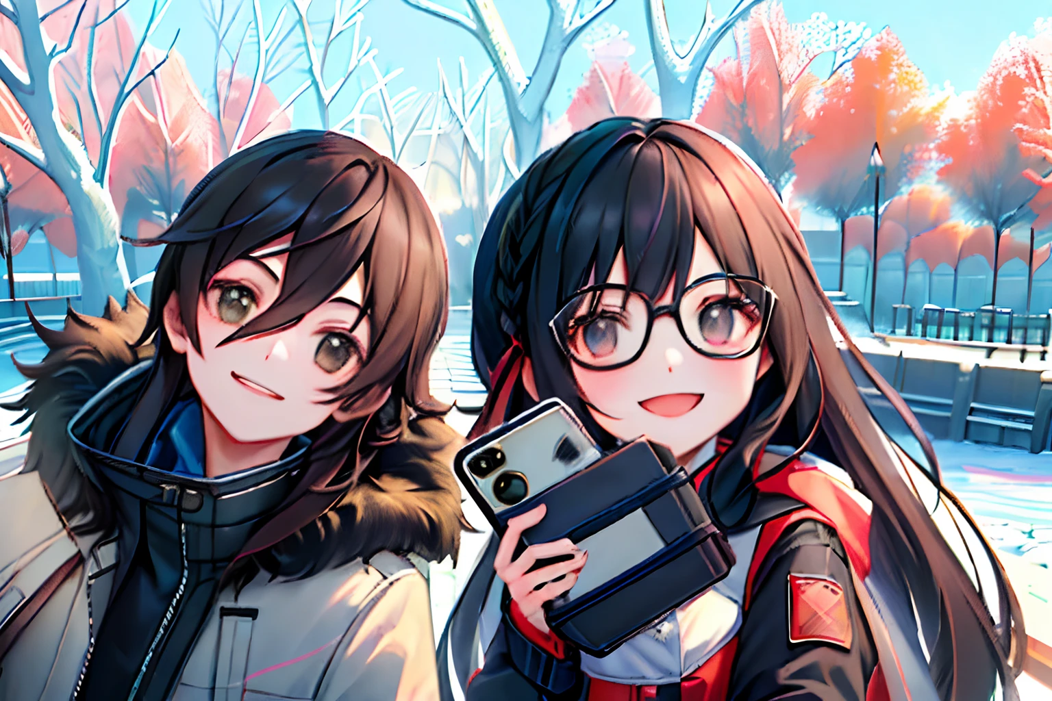 ((masterpiece,best quality)),boy and girl,couple,sweethearts,black hair boy, day,tree, long hair, looking at viewer, outdoors, black eyes, Brown hair girl, Down Jackets, standing, love,winter,selfie,nature,joy,snow,sun,