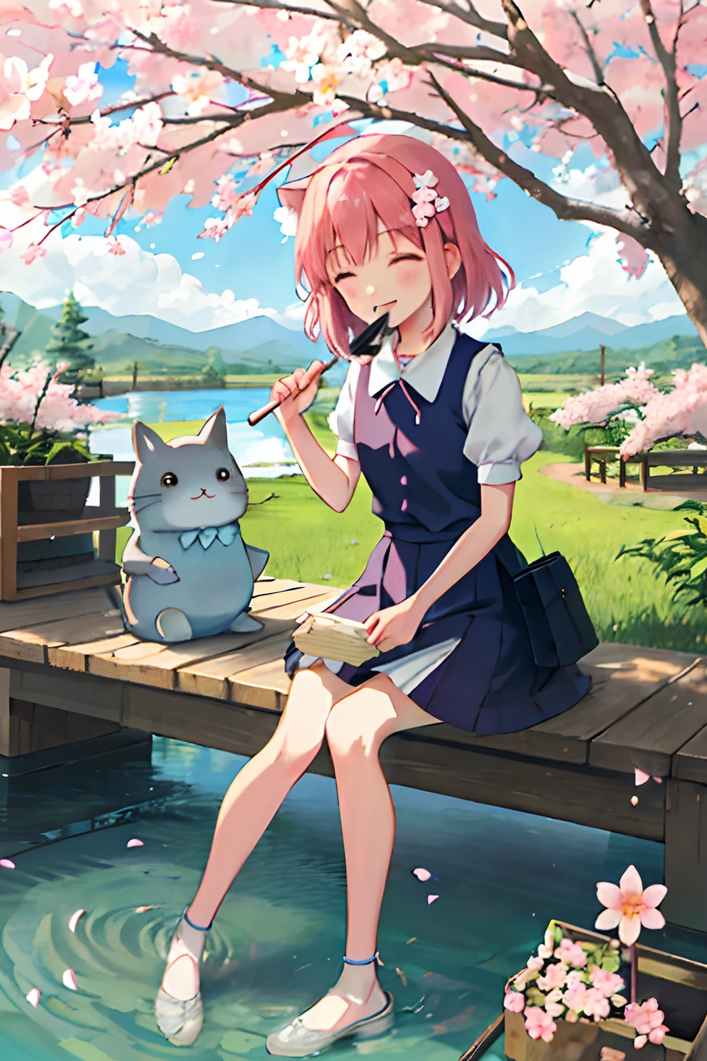 Vibrant, Fresh, Delicate, Soft, Pastel, Spring, River, Clear, Blossom, Sakura, Petals, Flowers, Cats, Curry Rice, Pond, Fish, Sakura Trees, Girl, Long Hair, Graceful, Youthful, Delicate, Soft, Spring Dress, Sakura Hairpin, Sakura Tea, Sakura Umbrella, Flower Basket, Feeding Fish, Sitting, Smiling, Holding an Umbrella, Spring Story, Whisper of the Heart, My Neighbor Totoro, Kiki's Delivery Service, Pastel, Soft, Blossoming, Serene, Clear Waters, Sakura Petals