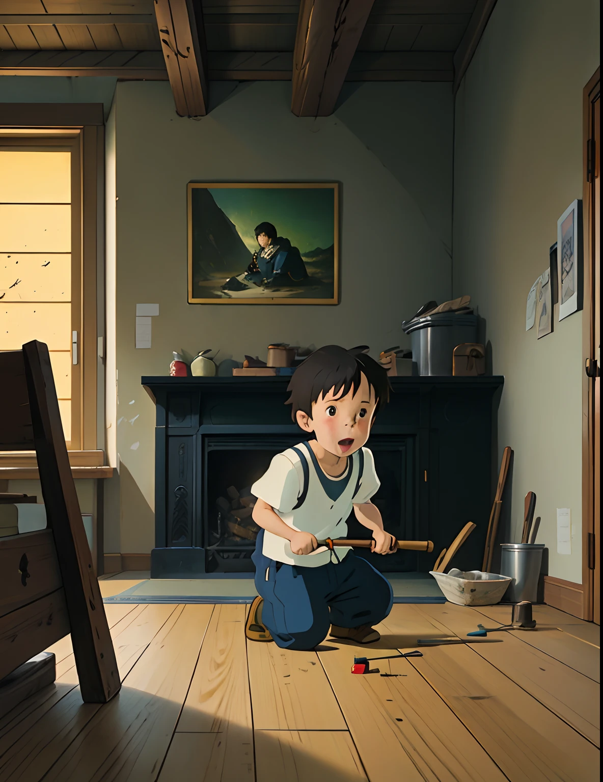 A happy playing with toys in a living room, simple art inspired by studio ghibli's visual style, Baroque oil painting anime key visual full body portrait character concept art, brutalist grimdark fantasy, kuudere noble dictator, trending pixiv fanbox, rule of thirds golden ratio, by greg rutkowski wlop makoto shinkai takashi takeuchi studio ghibli jamie wyeth