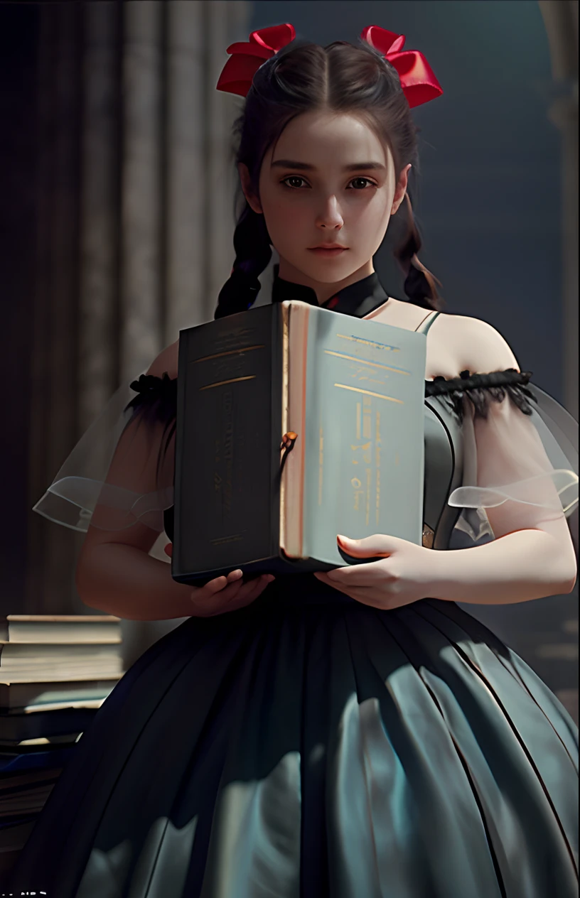 8k photorealistic vfx 3d render of a hyperrealistic image of a young female with 2 long ponytail hair tied with red ribbons, face is pale with blue glowing eyes and wearing gothic black full covered dress and both arms holding on to an ancient-looking, magical, hard-covered thick book in a whitish devilish background
4k resolution, incredible detail, highly detailed,Pino Daeni, gorgeous face, pale flawless skin, silk, composition, ultra-detailed, film photography, light leaks, Larry Bud Melman, trending on artstation, sharp focus, studio photo