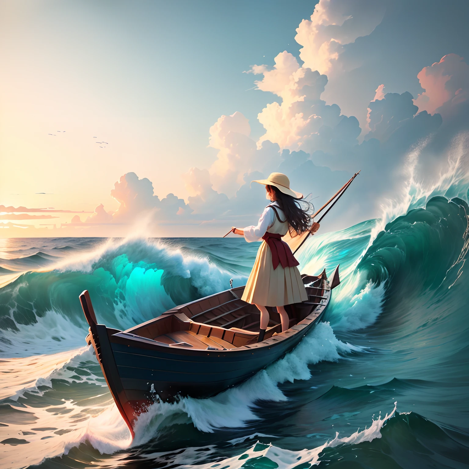 The sea, the waves on the sea are very big, a small wooden boat driven by a girl alone is advancing bravely in the torrent, super detailed, real scene,