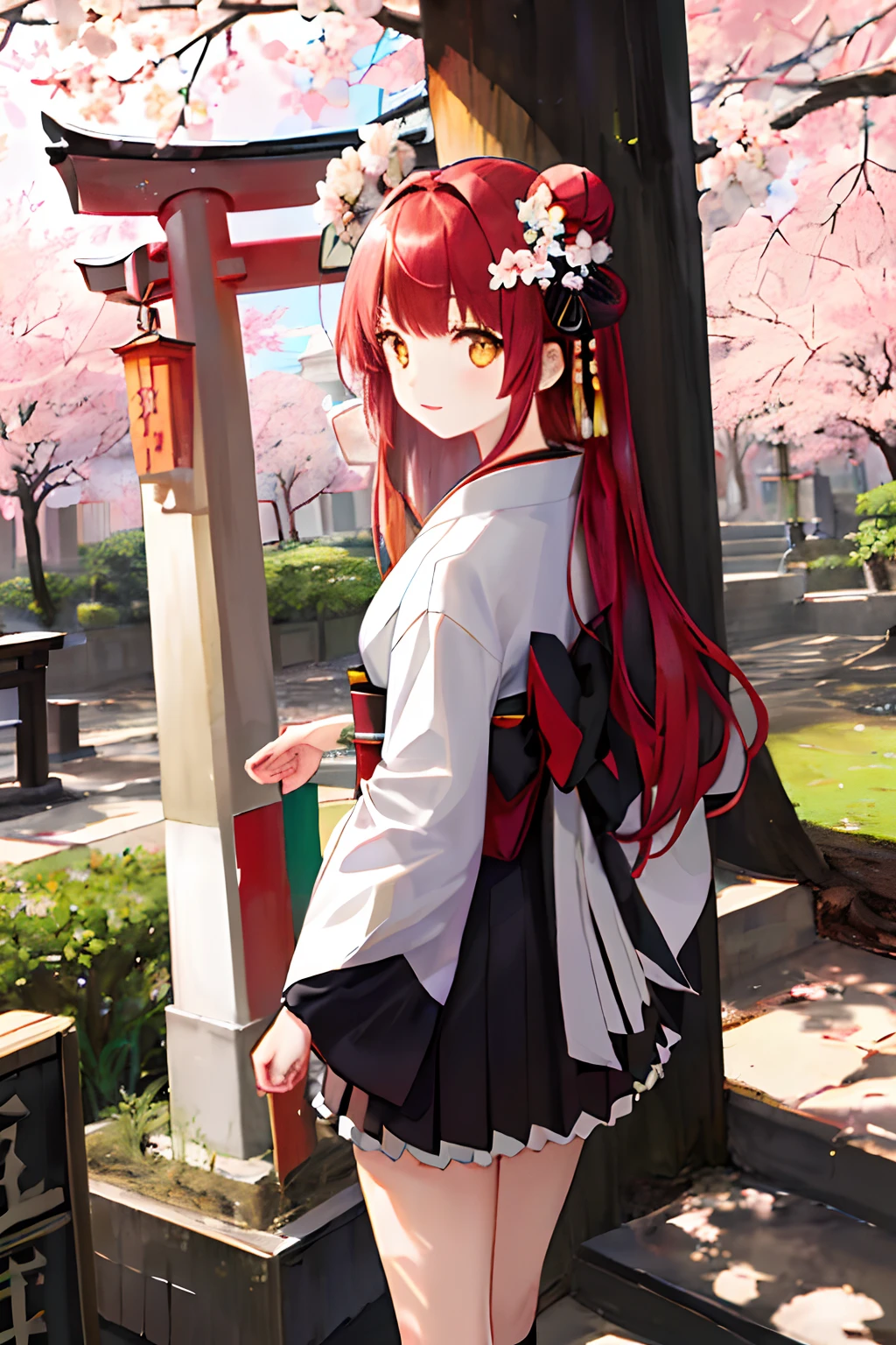 ((masterpiece,best quality)),2girls, black kimono, black legwear, black ribbon, black hair, cherry blossoms, day, flower, hair bun, hair ribbon, japanese clothes, kimono, long hair, looking at viewer, looking back, multiple girls, obi, outdoors, red eyes, red hair, ribbon, sandals, single hair bun, stairs, standing, statue, torii, tree, white kimono, yellow eyes