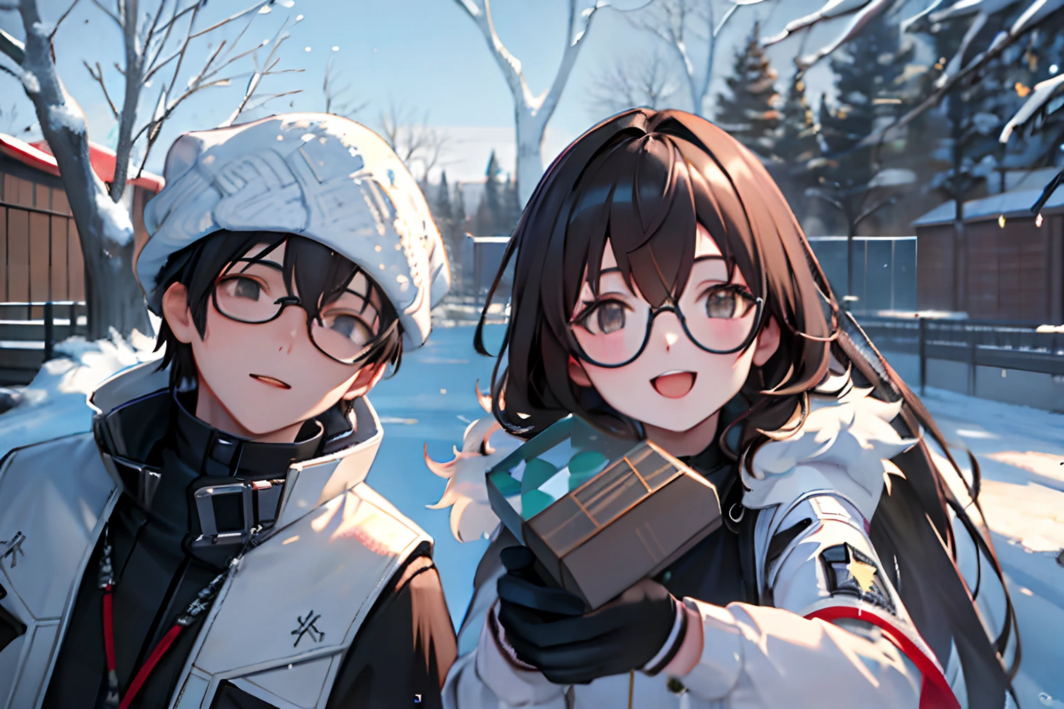 [(Transparent background:1.5)::5],(((masterpiece))),(((best quality))),(((extremely detailed))),illustration, boy and girl,couple,sweethearts,black hair boy, day,tree, long hair, looking at viewer, outdoors, black eyes, smile,Eyeglass boy,Eyeglass girl,Brown hair girl,girl with gray cold-proof gloves, Down Jackets, standing, love,winter,selfie,nature,joy,snow,sun,Short Hair boy,black Knitted cap boy,vivid color,shiny,close up,Lens perspective,(((Box composition))),(arm + hand + 1thumb + 4finger),(Impressionism:1.4), Vincent van Gogh