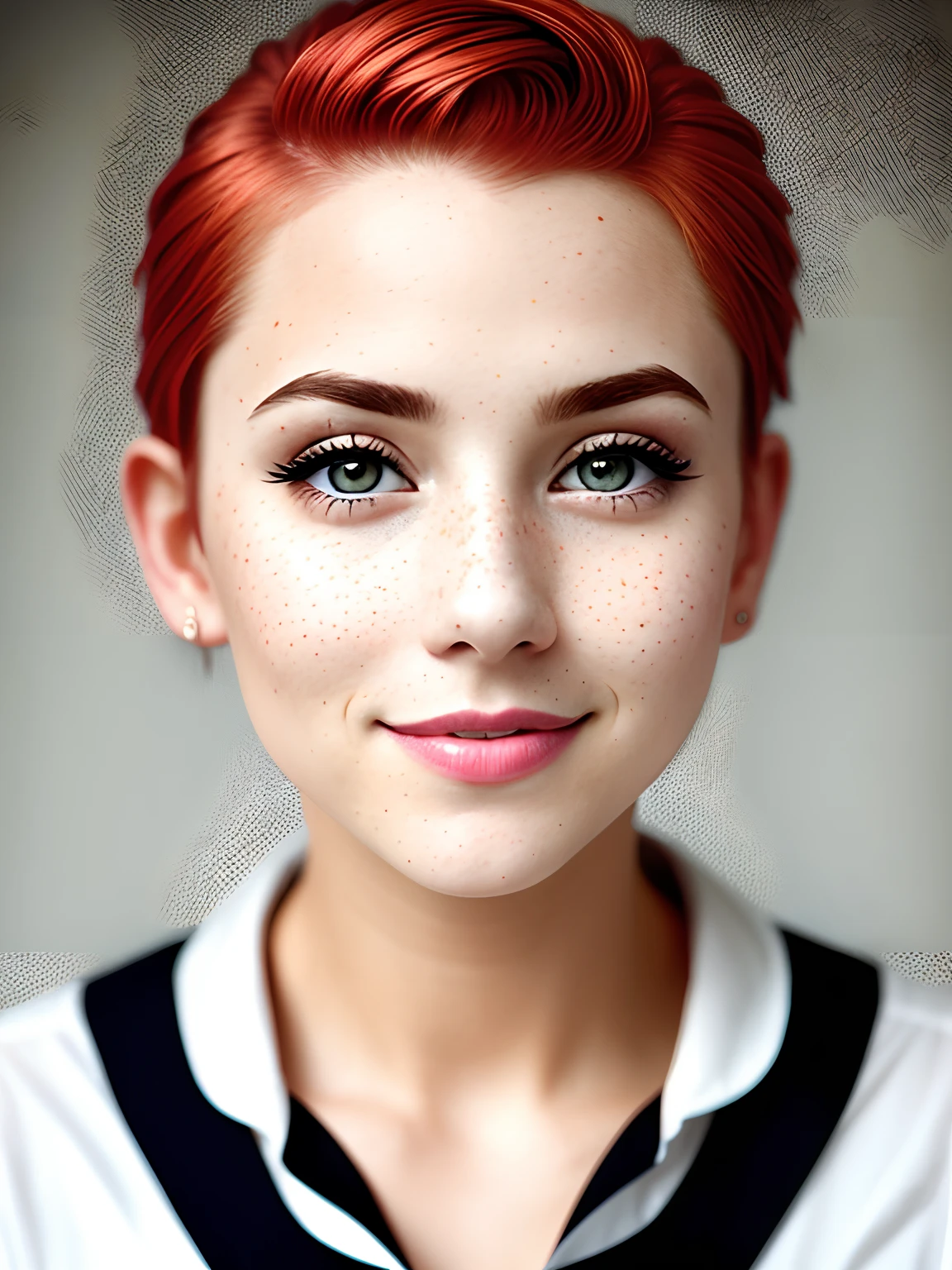 a closeup portrait of a playful maid, undercut hair, apron, amazing body, pronounced feminine feature, busty, kitchen, [ash blonde | ginger | pink hair], freckles, flirting with camera