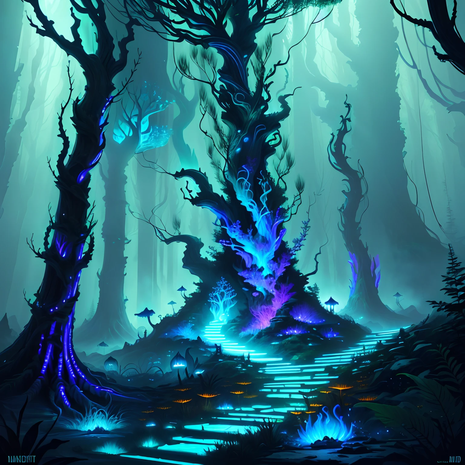 illustration, cinematic light, fantasy, highres, highest quallity, ultra detailed, best quality, masterpiece, glowing (elder underworld fantasy) forest plants with neon details, small mutated animals in background