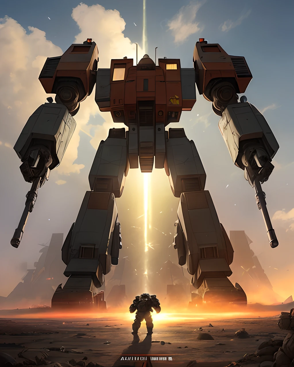 (Gigant MechWarrior):1.1, postst-Apocalyptic isometric sci-fi battlezone by Alejandro Bursido, red vegetation, sun rays, 8K UHD, Mucha perfect lighting, Artgerm, WLOP, Digital Illustration, Scenic, detailed,Design a mecha warrior for a space knight and create three views