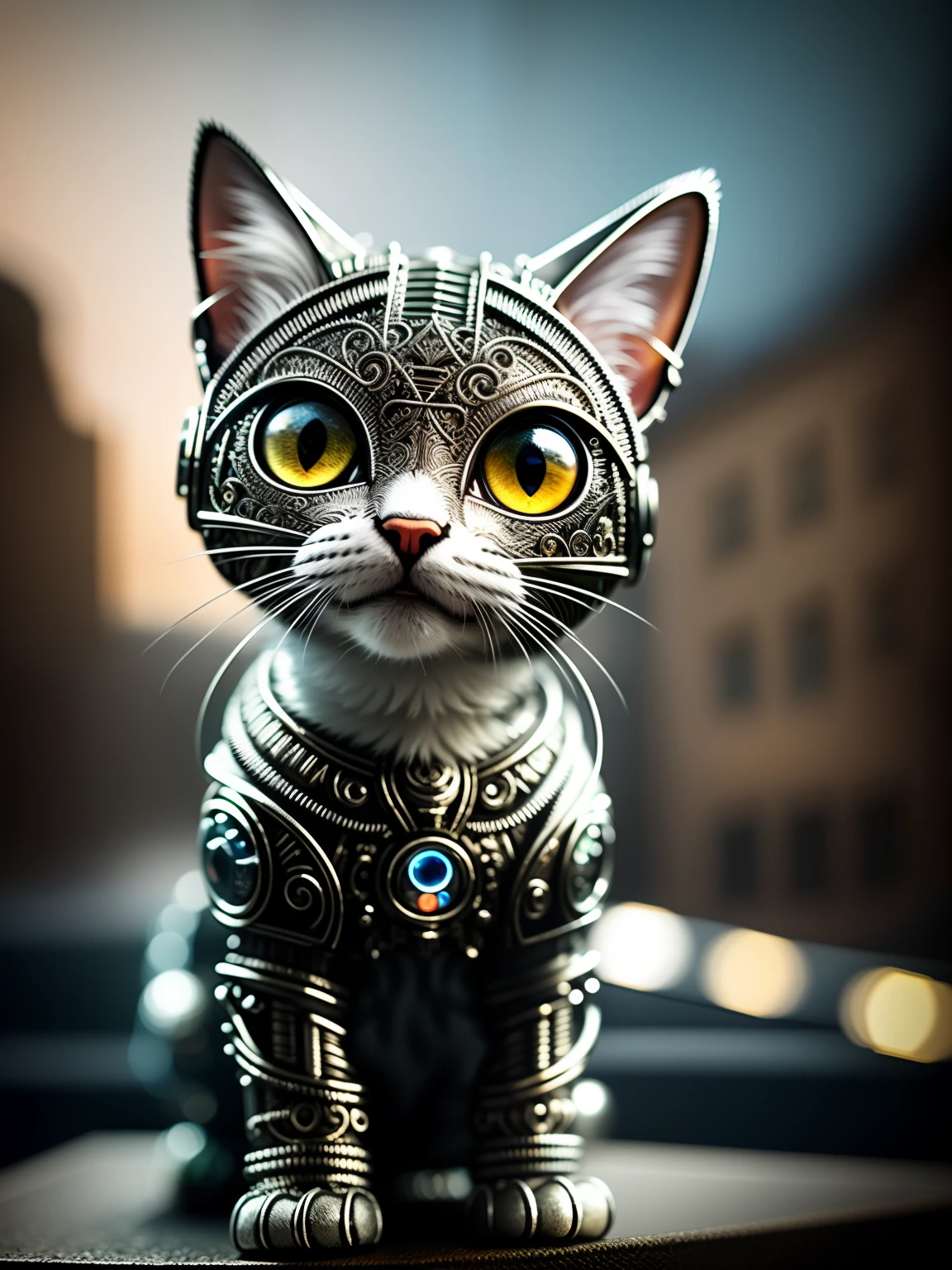 a cute kitten made out of metal, (cyborg:1.1), ([tail | detailed wire]:1.3), (intricate details), hdr, (intricate details, hyperdetailed:1.2), cinematic shot, vignette, centered