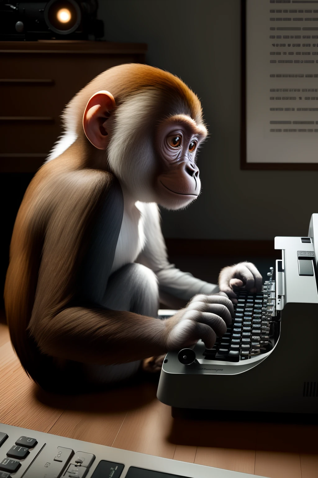 masterpiece, (photorealistic:1.4), best quality, beautiful lighting, indoors, a monkey at a typewriter, detailed, intricate , RAW photo, 8k uhd, film grain
A monkey concentrating on debugging a cisco switch&router