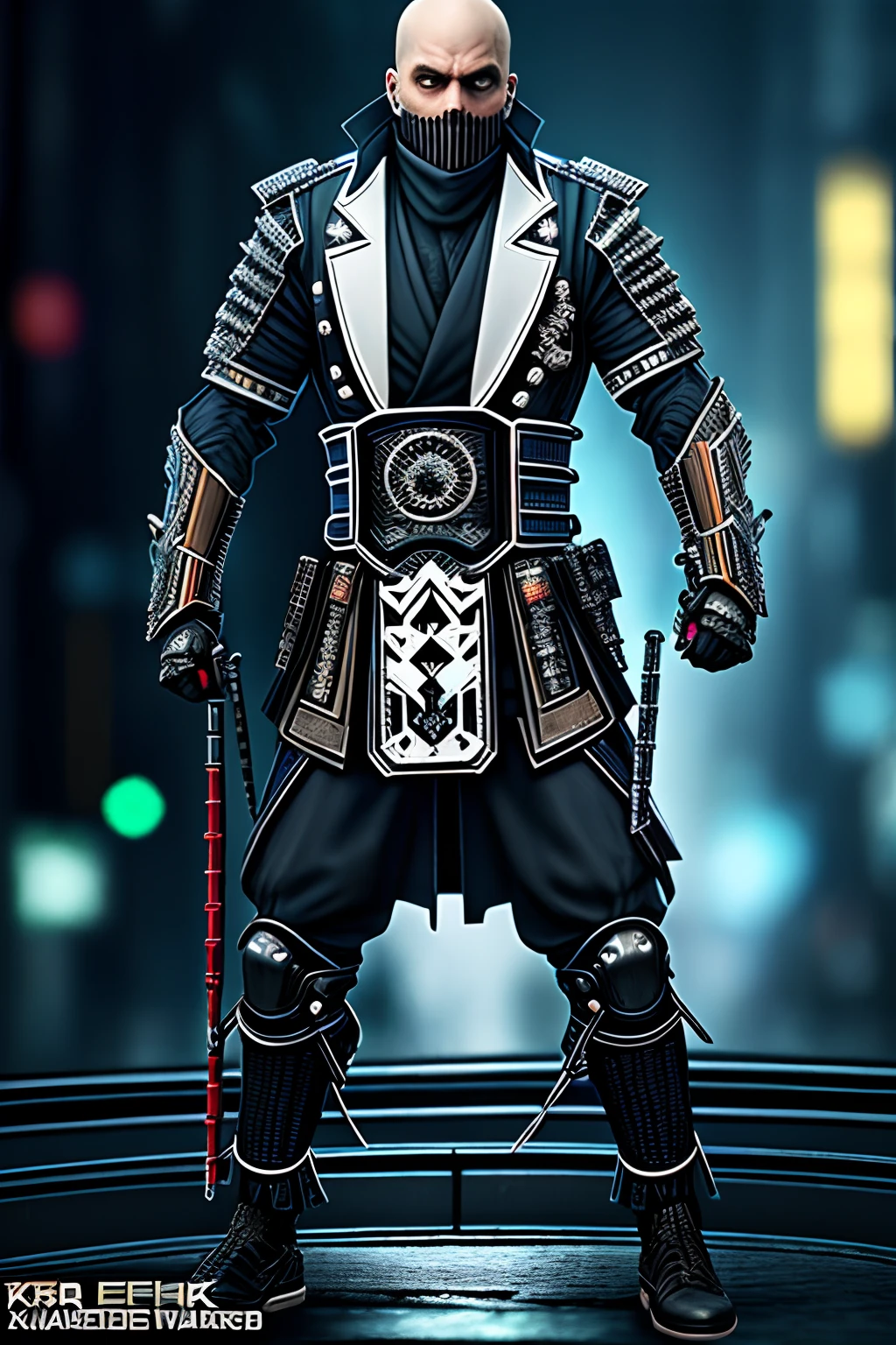(extremely detailed 8k wallpaper),a medium shot photo of a fearful necromancer, intricate, high detail, dramatic A very detailed photo of a cold cyberpunk futuristic mob ninja with SCFI body armor, tk_char, award-winning imagery, realistic, female, full body, 16k
