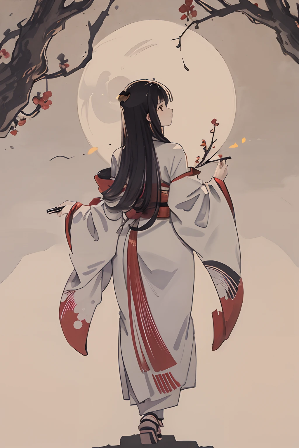 masterpiece, best quality, night, tree, no clouds, full moon, silent night, long hair, woman, back view, Japanese woman, woman wearing kimono, silhouette, fireflies.