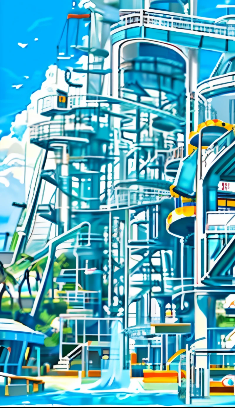 In this water park scene, a roller coaster is charging through the water and creating multiple layers of water sprays. The characters on the roller coaster are all dressed in their summer clothes and fully enjoying the ride with wide grins on their faces. As the roller coaster zooms by, their hair flies wildly in the wind. Some characters even raise their arms up high to feel more of the excitement. In addition to the roller coaster, there are various other attractions in the background, such as colorful water slides and floating rafts. The perspective of the scene is from a distance, so you can see the entire water park with all its splendor. The quality of the illustration is impeccable, with ultradetailed features that capture every aspect of the scene.