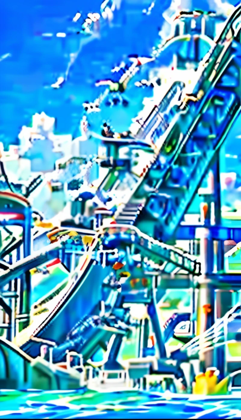 In this water park scene, a roller coaster is charging through the water and creating multiple layers of water sprays. The characters on the roller coaster are all dressed in their summer clothes and fully enjoying the ride with wide grins on their faces. As the roller coaster zooms by, their hair flies wildly in the wind. Some characters even raise their arms up high to feel more of the excitement. In addition to the roller coaster, there are various other attractions in the background, such as colorful water slides and floating rafts. The perspective of the scene is from a distance, so you can see the entire water park with all its splendor. The quality of the illustration is impeccable, with ultradetailed features that capture every aspect of the scene.
