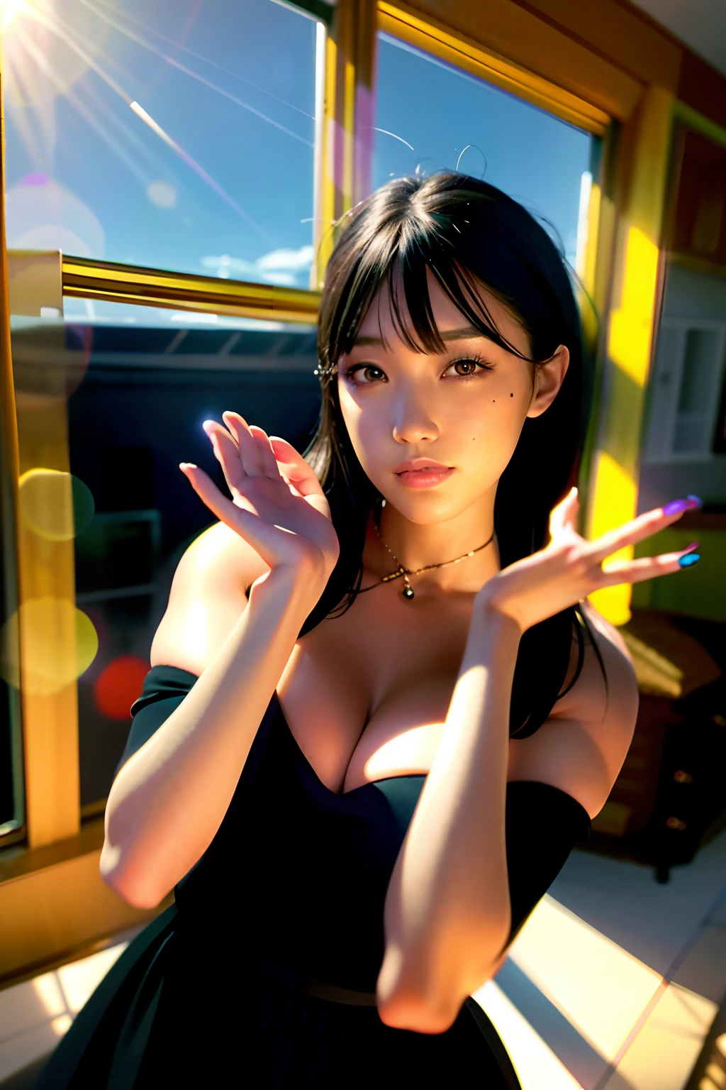 best quality, masterpiece, girl, Dark hair, dark eyes, home, sun shining, shiny skin, sun flare
