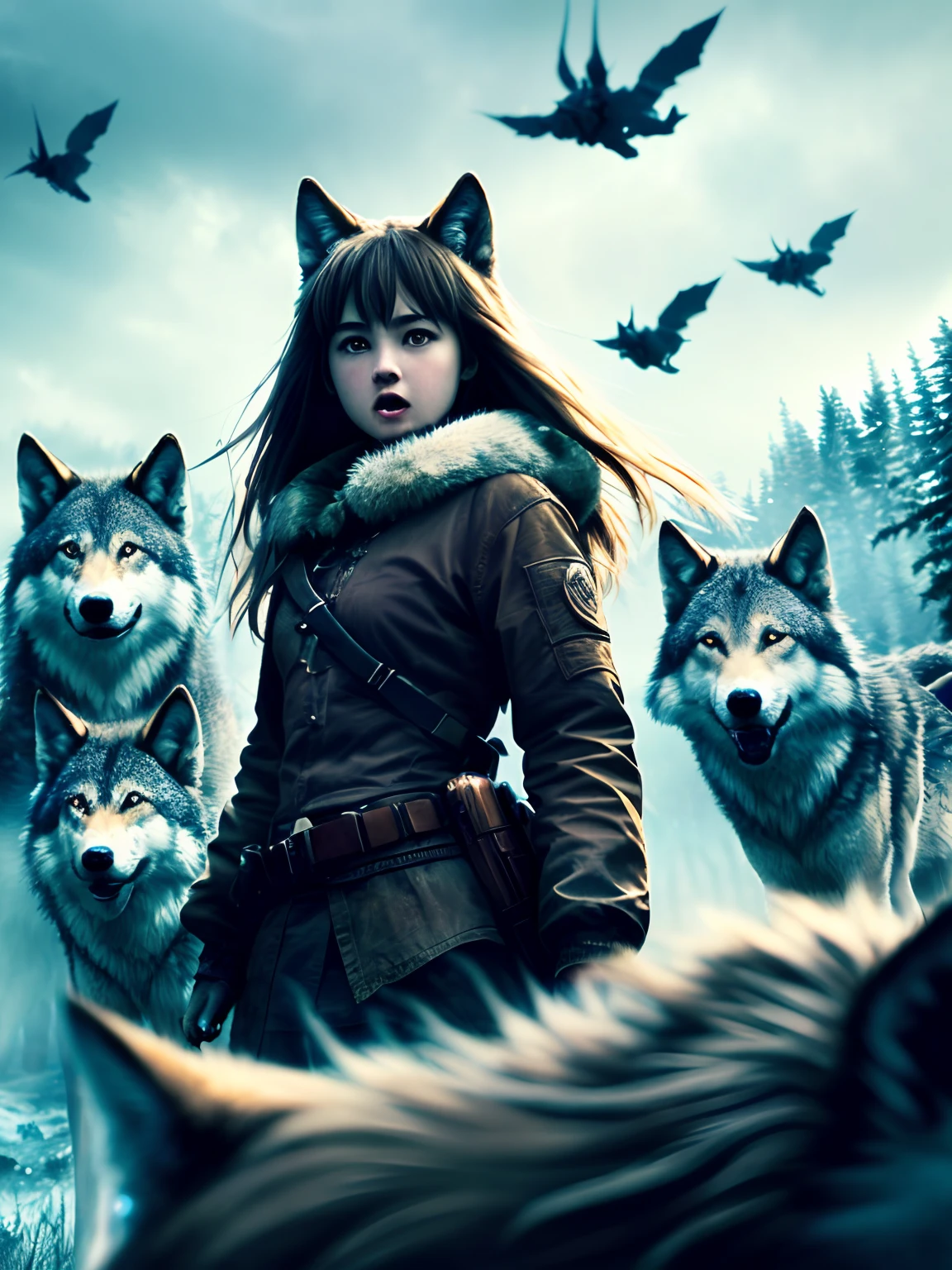 (Extremely detailed 8k wallpaper), a terrifying mid shot photo of a wolf girl surrounded by swarms of wolves, complex, highly detailed, dramatic, and terrifying