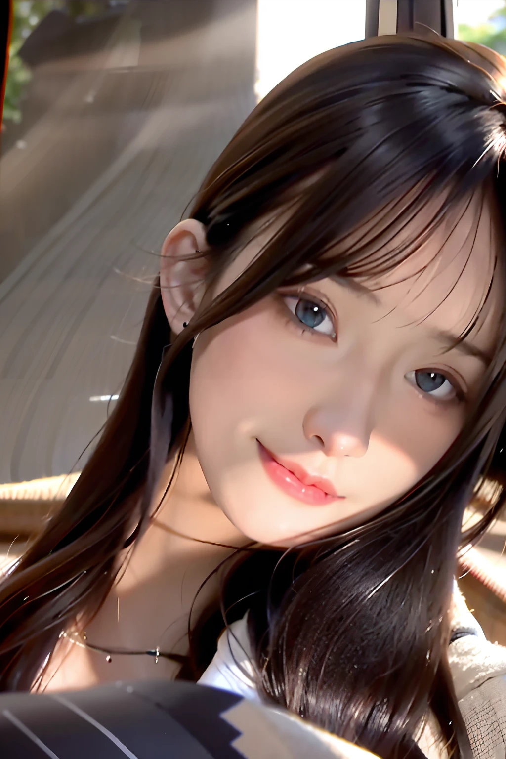 best quality, masterpiece, girl, Dark hair, dark eyes, home, sun shining, shiny skin, sun flare