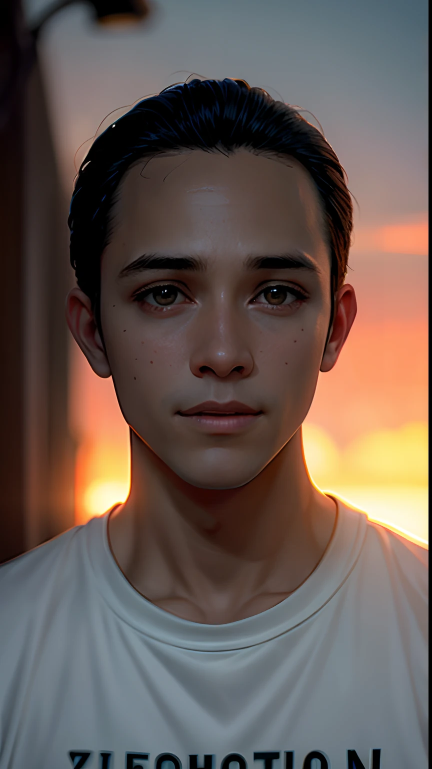 movie still, boy, (close-up:1.1), bright, happy, fun, warm soft lighting, sunset, sparks,