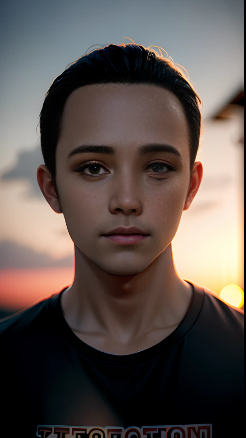 movie still, boy,  (close-up:1.1), bright, happy, fun, warm soft lighting, sunset, sparks,Black T-shirt