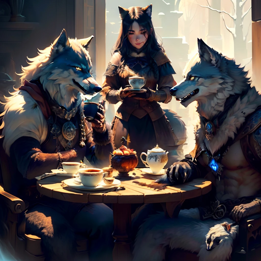 ((best quality)), ((ultradetailed)), ((masterpiece)), illustration, (fantasy theme), featuring (a pack of werewolves with wolf totems on their bodies) holding coffee cups, enjoying afternoon tea together in a serene environment.
