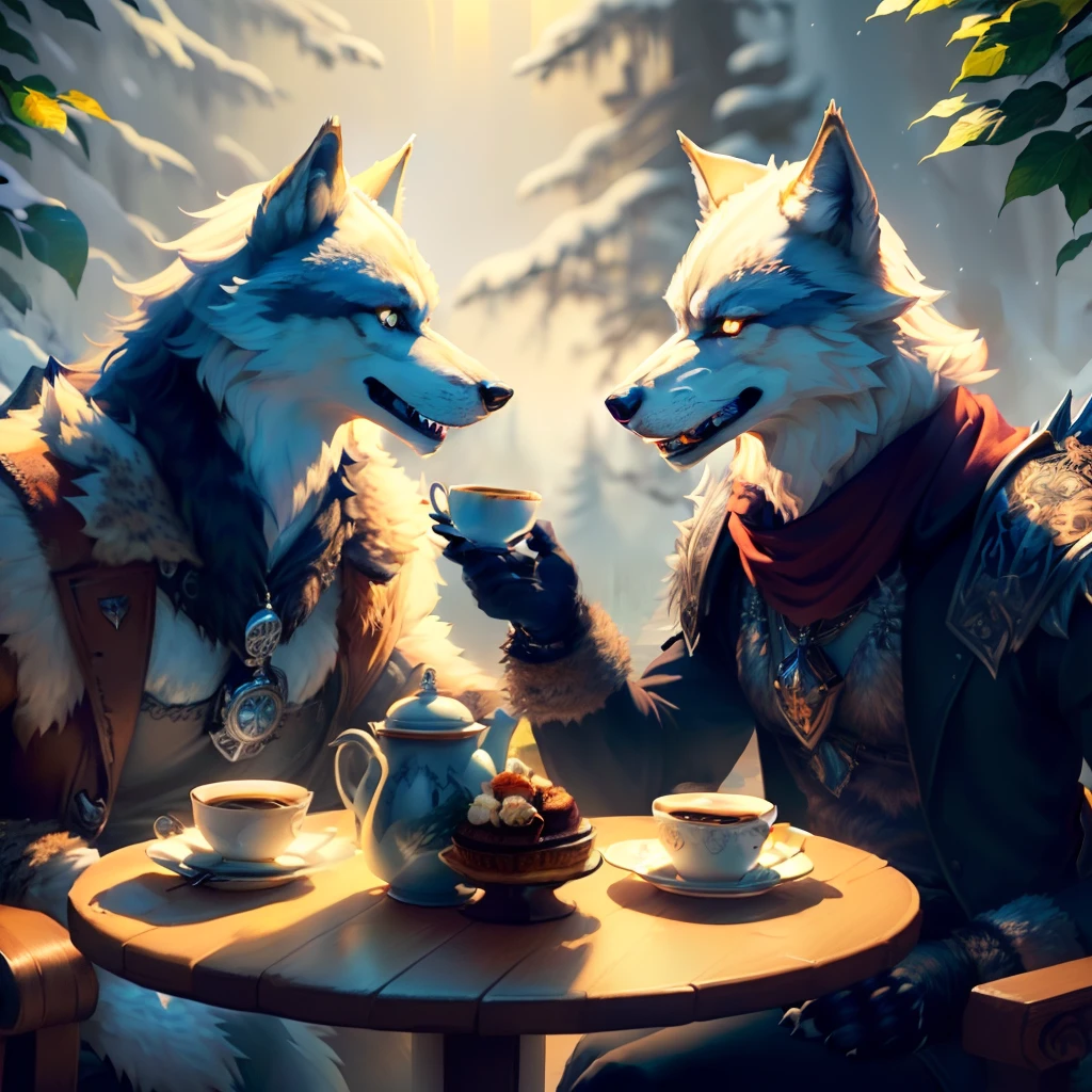 ((best quality)), ((ultradetailed)), ((masterpiece)), illustration, (fantasy theme), featuring (a pack of werewolves with wolf totems on their bodies) holding coffee cups, enjoying afternoon tea together in a serene environment.