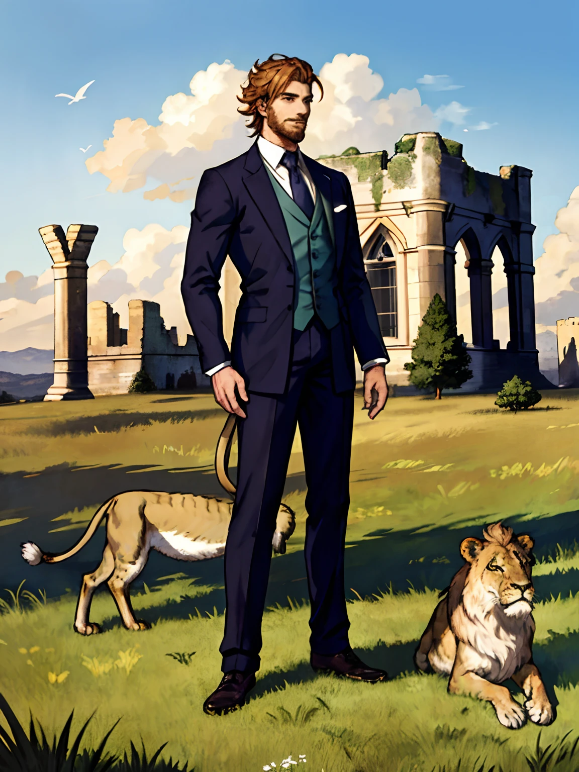 A magnificent man with a lot of the lion, very handsome posture, standing on the ruins of the castle, the distance of the regeneration of the battlefield, the whole body, big scene