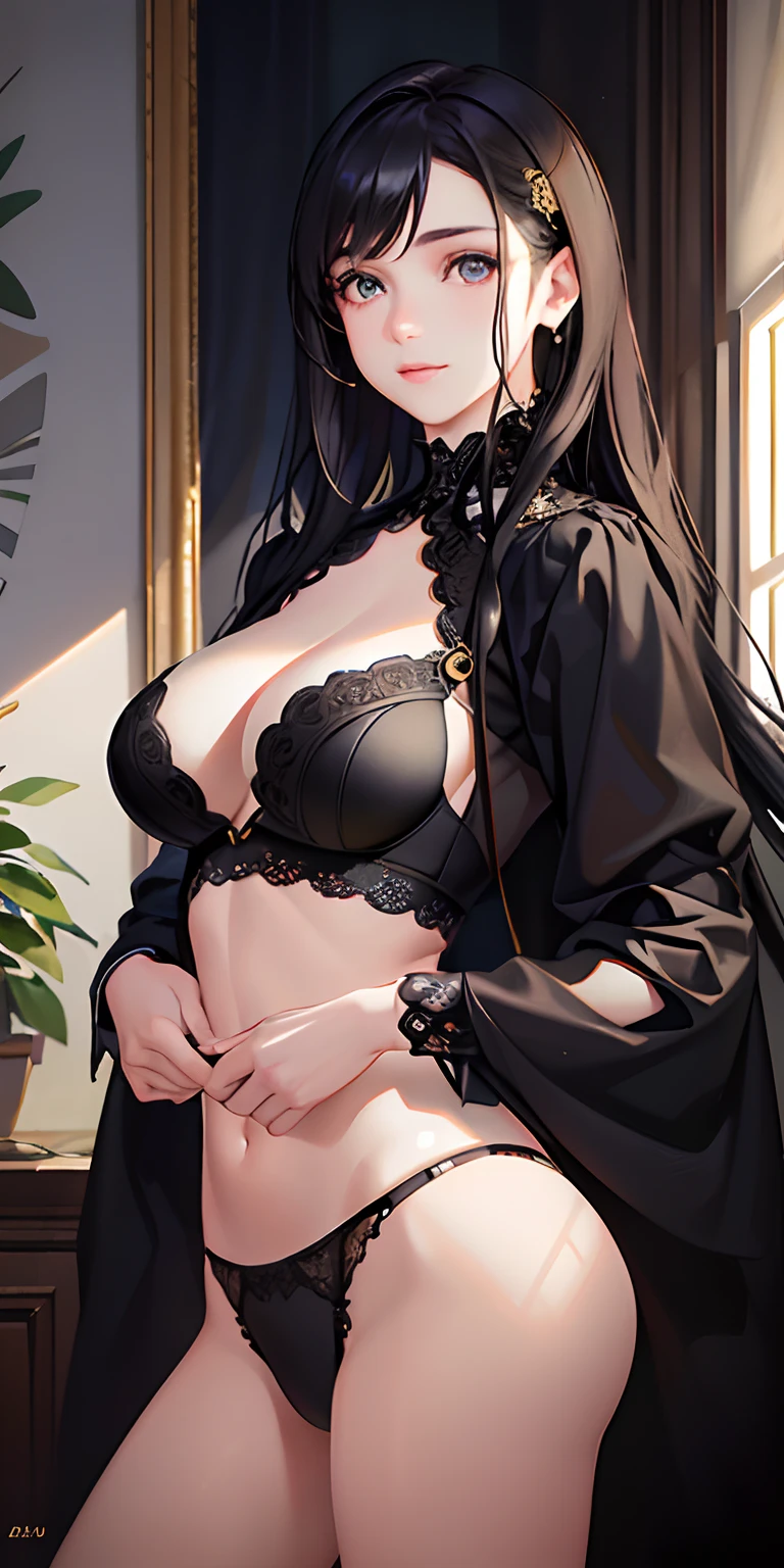 (photorealistic:1.4), (masterpiece, sidelighting, finely detailed beautiful eyes: 1.2), masterpiece*portrait, realistic, real woman face, glowing eyes, shiny hair, lustrous skin, solo, embarassed, (midriff), black underwear, black hair,