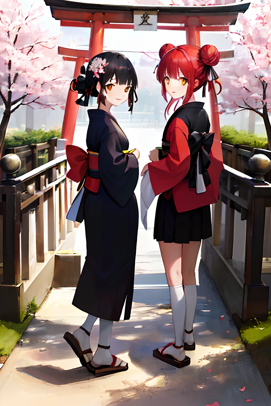 ((masterpiece,best quality)),2girls, black kimono, black legwear, black ribbon, black hair, cherry blossoms, day, flower, hair bun, hair ribbon, japanese clothes, kimono, long hair, looking at viewer, looking back, multiple girls, obi, outdoors, red eyes, red hair, ribbon, sandals, single hair bun, stairs, standing, statue, torii, tree, white kimono, yellow eyes