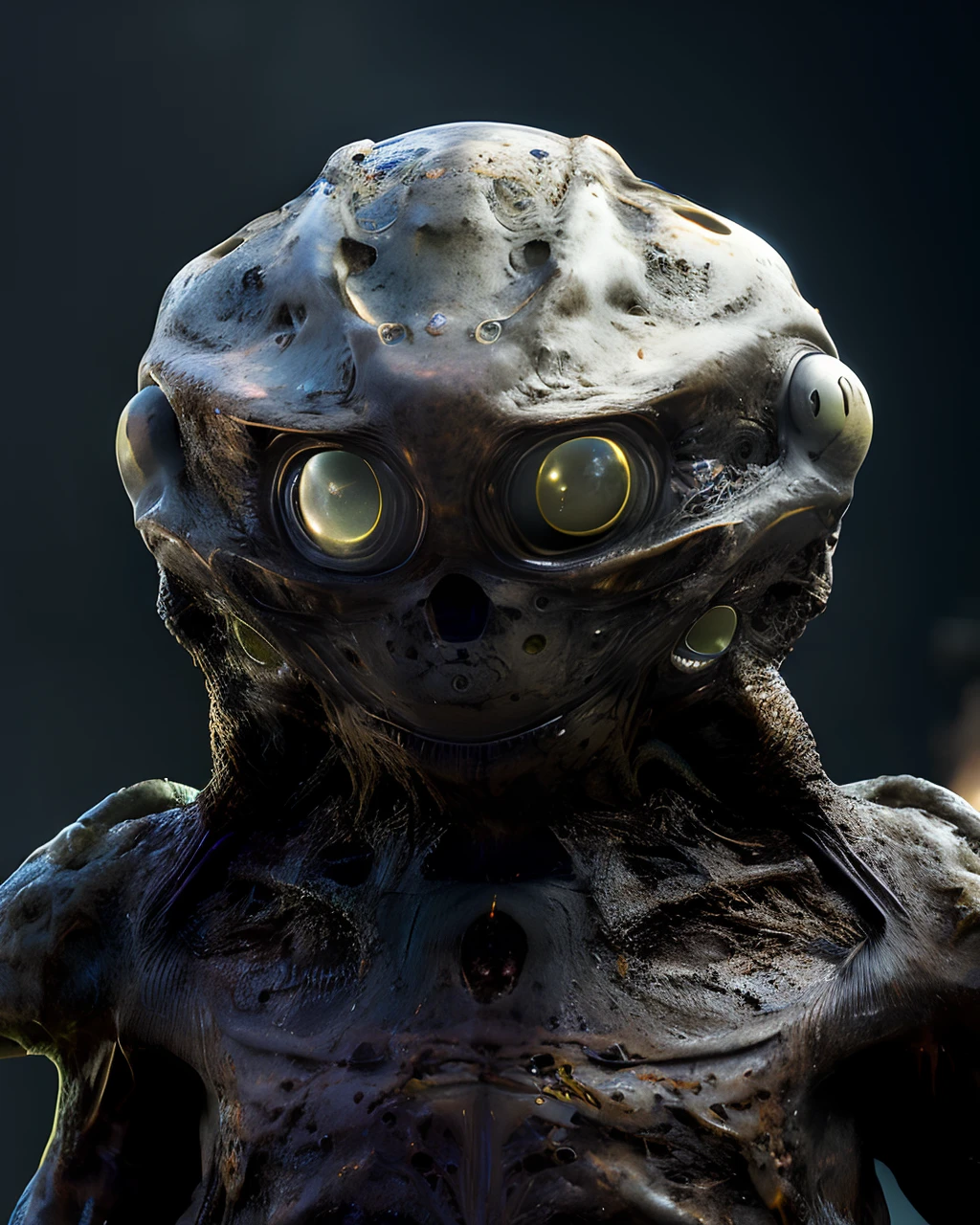 fking_scifi_v2,
portrait of an alien,
large eyes, black skin,
slime,
80mm, f/1.8, dof, bokeh, depth of field,
subsurface scattering, stippling