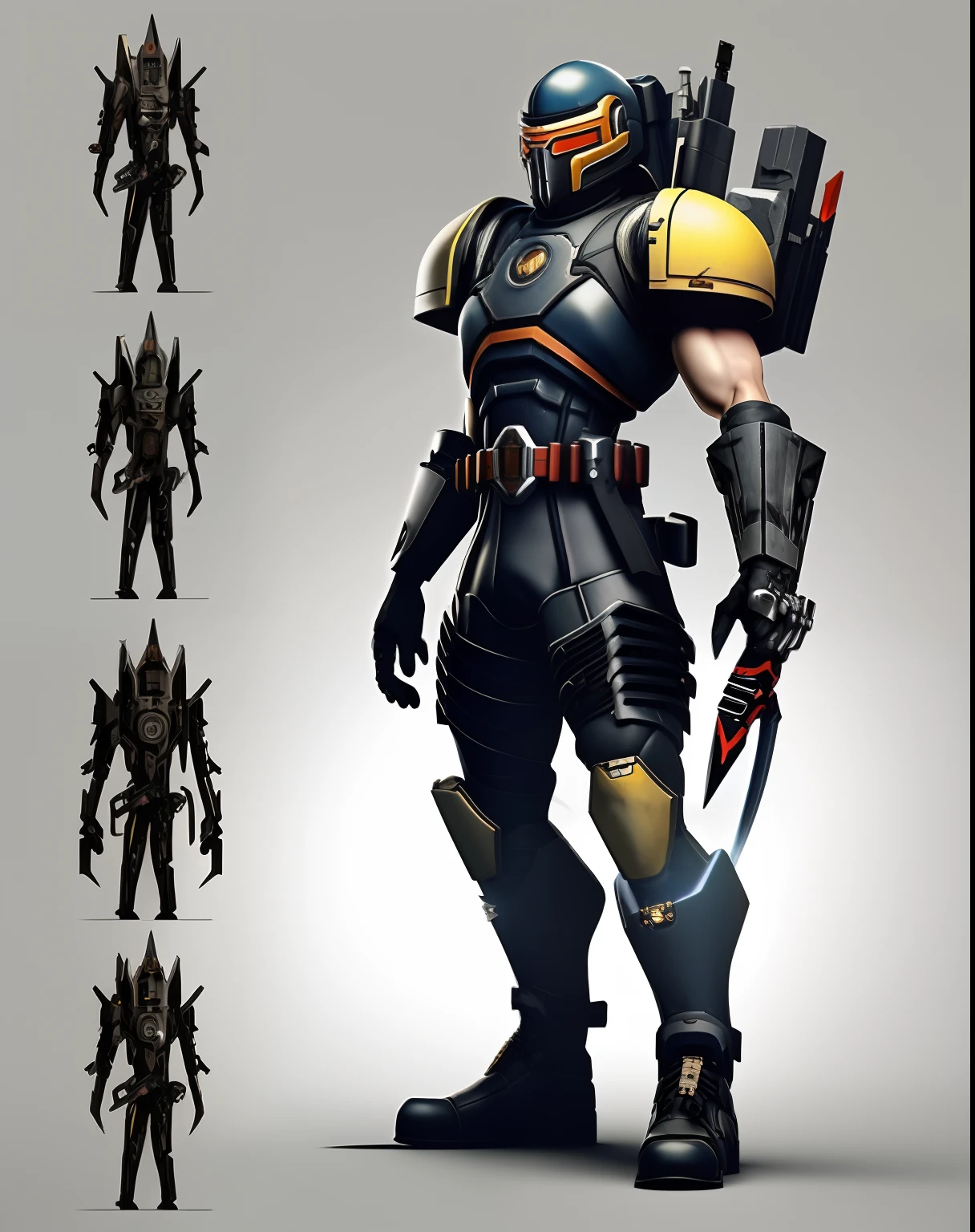 Center shot, a cartoon character with a gun in one hand and a katana in the other, standing in front of a white background, military shoes, cybernetic helmet, dusty floor, Doug Aitken, Fernando Amosolo, Mortal Kombat style, Altichiero, mecha, concept art, detailed armor elements with complex decoration, rayonism