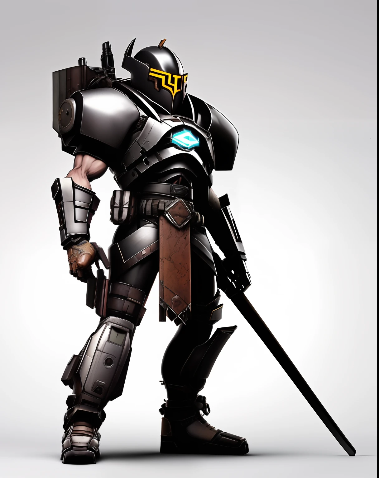 Center shot, a cartoon character with a gun in one hand and a katana in the other, standing in front of a white background, military shoes, cybernetic helmet, dusty floor, Doug Aitken, Fernando Amosolo, Mortal Kombat style, Altichiero, mecha, concept art, detailed armor elements with complex decoration, rayonism