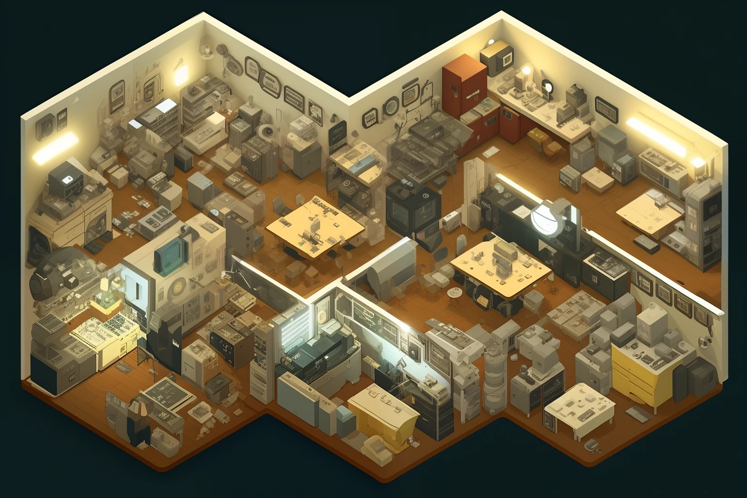 duskametrik isometric cutaway of a 1960s Australian household with pets and living room incredibly detailed vantablack background bokeh rim lighting duskametrik,A SLG game design featuring wasteland-themed architecture set in a post-apocalyptic world. The game includes 3D modeling and rendering, environmental storytelling, and a dystopian atmosphere. Interactive gameplay features include resource management systems, scavenging and looting mechanics, and improvised defenses utilizing modular construction techniques. Inhabitable spaces and functional facilities are designed with sustainable elements, including make-shift living quarters and historical significance. Industrial areas such as factories and processing workshops are present where players can scavenge for resources and salvage machinery, including lathes and other milling machines used to create improvised defenses and modify living quarters. The environment is detailed with weathering, decay, clutter, and debris, and incorporates authentic materials and handcrafted elements. Lighting and shadows are utilized to create textures and patterns, while interior furnishings and decor feature posters, signage, personal belongings, and deteriorating infrastructure with makeshift repairs and modifications.