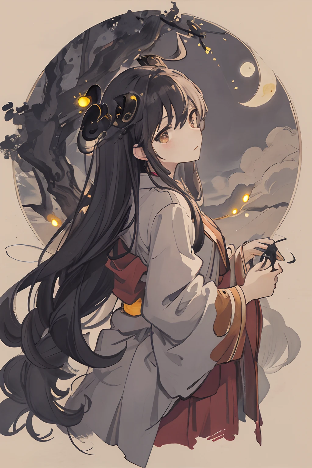 masterpiece, best quality, night, hill, clouds, full moon, long hair, woman, silhouette, fireflies.
